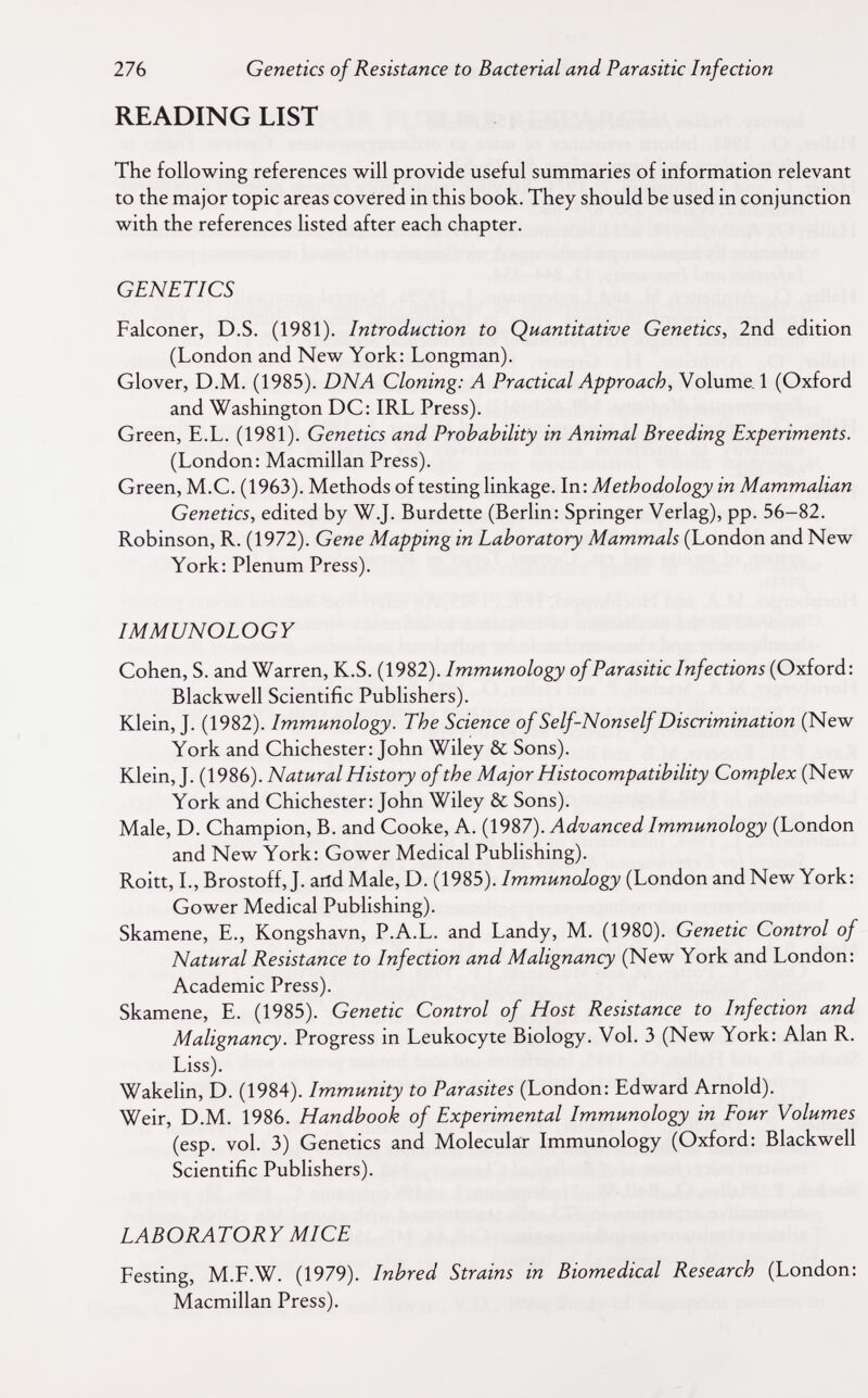 276 Genetics of Resistance to Bacterial and Parasitic Infection READING LIST The following references will provide useful summaries of information relevant to the major topic areas covered in this book. They should be used in conjunction with the references listed after each chapter. GENETICS Falconer, D.S. (1981). Introduction to (Quantitative Genetics, 2nd edition (London and New York: Longman). Glover, D.M. (1985). DNA Cloning: A Practical Approach, Volume, 1 (Oxford and Washington DC: IRL Press). Green, E.L. (1981). Genetics and Probability in Animal Breeding Experiments. (London: Macmillan Press). Green, M.C. (1963). Methods of testing linkage. In: Methodology in Mammalian Genetics, edited by W.J. Burdette (Berlin: Springer Verlag), pp. 56-82. Robinson, R. (1972). Gene Mapping in Laboratory Mammals (London and New York: Plenum Press). IMMUNOLOGY Cohen, S. and Warren, K.S. (1982). Immunology of Parasitic Infections (Oxford: Blackwell Scientific Publishers). Klein, J. (1982). Immunology. The Science of Self-Nonself Discrimination (New York and Chichester: John Wiley & Sons). Klein, J. (1986). Natural History of the Major Histocompatibility Complex (New York and Chichester: John Wiley & Sons). Male, D. Champion, B. and Cooke, A. (1987). Advanced Immunology (London and New York: Cower Medical Publishing). Roitt, L, Brostoff, J. arid Male, D. (1985). Immunology (London and New York: Cower Medical Publishing). Skamene, E., Kongshavn, P.A.L. and Landy, M. (1980). Genetic Control of Natural Resistance to Infection and Malignancy (New York and London: Academic Press). Skamene, E. (1985). Genetic Control of Host Resistance to Infection and Malignancy. Progress in Leukocyte Biology. Vol. 3 (New York: Alan R. Liss). Wakelin, D. (1984). Immunity to Parasites (London: Edward Arnold). Weir, D.M. 1986. Handbook of Experimental Immunology in Four Volumes (esp. vol. 3) Genetics and Molecular Immunology (Oxford: Blackwell Scientific Publishers). LABORATORY MICE Festing, M.F.W. (1979). Inbred Strains in Biomedical Research (London: Macmillan Press).