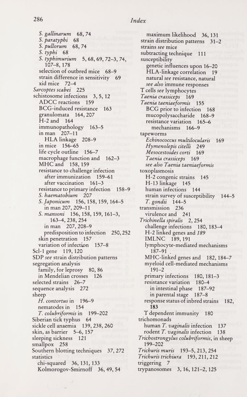 286 Index S. gallinarum 68, 74 S. paratyphi 68 S. pullorum 68, 74 S. typhi 68 S. typhimurium 5, 68, 69, 72-3, 74, 107-8, 178 selection of outbred mice 68-9 strain difference in sensitivity 69 xid mice 72-4 Sarcoptes scabei 225 schistosome infections 3, 5,12 ADCC reactions 159 BCG-induced resistance 163 granulomata 164,207 H-2 and 164 immunopathology 163-5 in man 207-11 HLA linkage 208-9 in mice 156-65 life cycle outline 156-7 macrophage function and 162-3 мне and 158,159 resistance to challenge infection after immunization 159-61 after vaccination 161-3 resistance to primary infection 15 8-9 S. haematobium 207 S.Japonicum 156,158,159,164-5 in man 207, 209-11 5. mansoni 156, 158, 159, 161-3, 163^, 238, 254 in man 207, 208-9 predisposition to infection 250,252 skin penetration 157 variation of infectiian 157-8 Sci-1 gene 119,120 SDP see strain distribution patterns segregation analysis family, for leprosy 80, 86 in Mendelian crosses 126 selected strains 26-7 sequence analysis 272 sheep H. contortHs in 196—9 nematodes in 154 T. colubriformis in 199-202 Siberian tick typhus 64 sickle cell anaemia 139, 238, 260 skin, as barrier 5-6, 157 sleeping sickness 121 smallpox 258 Southern blotting techniques 37, 272 statistics chi-squared 36, 131, 133 Kolmorogov-Smirnoff 36, 49, 54 maximum likelihood 36,131 strain distribution patterns 31-2 strains see mice subtracting technique 111 susceptibility genetic influences upon 16-20 HLA-linkage correlation 19 natural see resistance, natural see also immune responses T cells see lymphocytes Taenia crassiceps 169 Taenia taeniaeformis 155 BCG prior to infection 168 mucopolysaccharide 168-9 resistance variation 165-6 mechanisms 166-9 tapeworms Echinococcus multilocularis 169 Hymenolepis citelli 249 Mesocestoides corti 169 Taenia crassiceps 169 see also Taenia taeniaeformis toxoplasmosis H-2 congenie strains 145 H-13 linkage 145 human infections 144 strain survey of susceptibility 144—5 T. gondii 144-5 transmission 236 virulence and 241 Trichinella spiralis 2, 254 challenge infections 180,183^ H-2 linked genes and 189 IMLNC 189, 191 lymphocyte-mediated mechanisms 187-91 . MHC-linked genes and 182, 184—7 myeloid cell-mediated mechanisms 191-2 primary infections 180,181-3 resistance variation 180—4 in intestinal phase 187-92 in parental stage 187-8 response status of inbred strains 182, 183 T dependent immunity 180 trichomonads human T. vaginalis infection 137 rodent T. vaginalis infection 138 Trichostrotigylus colubriformis, in sheep 199-202 Trichuris muris 193-5, 213, 254 Trichuris trichiura 193, 211, 212 triggering 7 trypanosomes 3, 16, 121-2, 125