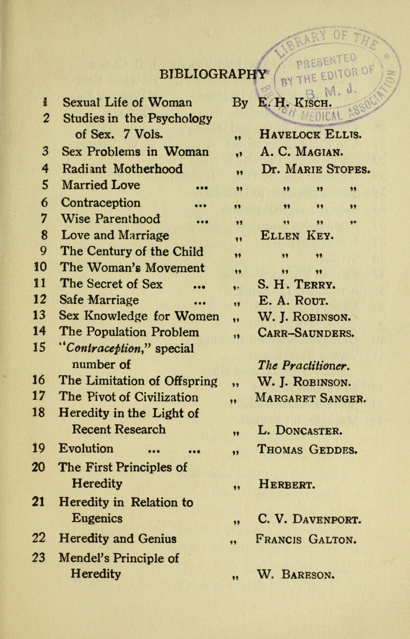 V OF BIBLIOGRAPHY nteo ìu Or \ Sexual Life of Woman Studies in the Psychology of Sex. 7 Vols. Sex Problems in Woman Radiant Motherhood Married Love Contraception Wise Parenthood Love and Marriage The Century of the Child The Woman's Movement The Secret of Sex Safe Marriage Sex Knowledge for Women The Population Problem ,4 Contraception  special number of The Limitation of Offspring The Pivot of Civilization Heredity in the Light of Recent Research Evolution ... ... The First Principles of Heredity Heredity in Relation to Eugenics Heredity and Genius Mendel's Principle of Heredity Vi THE W' 10 , . R N\. ¿V By E. H. Kisch. „ Havelock Ellts. ,, A. C. Magian. „ Dr. Marie Stopes. It tt tt t* It ft tl tt tt It 11 tt tt Ellen Key. tt tt tt tt S. H. Terry. E. A. Rout. W. J. Robinson. Carr-Saunders. The Practitioner. W. J. Robinson. Margaret Sanger. L. Doncaster. Thomas Geddes. Herbert. C. V. Davenport. Francis Galton. W. Bareson.