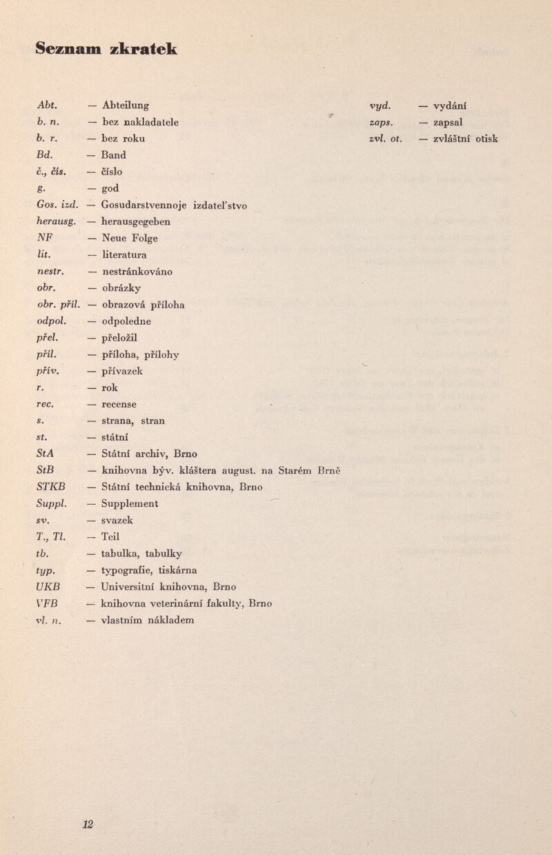 Seznam zkratek vyd. — vydání zaps. — zapsal zvl. ot. — zvlástní otisk - / 12