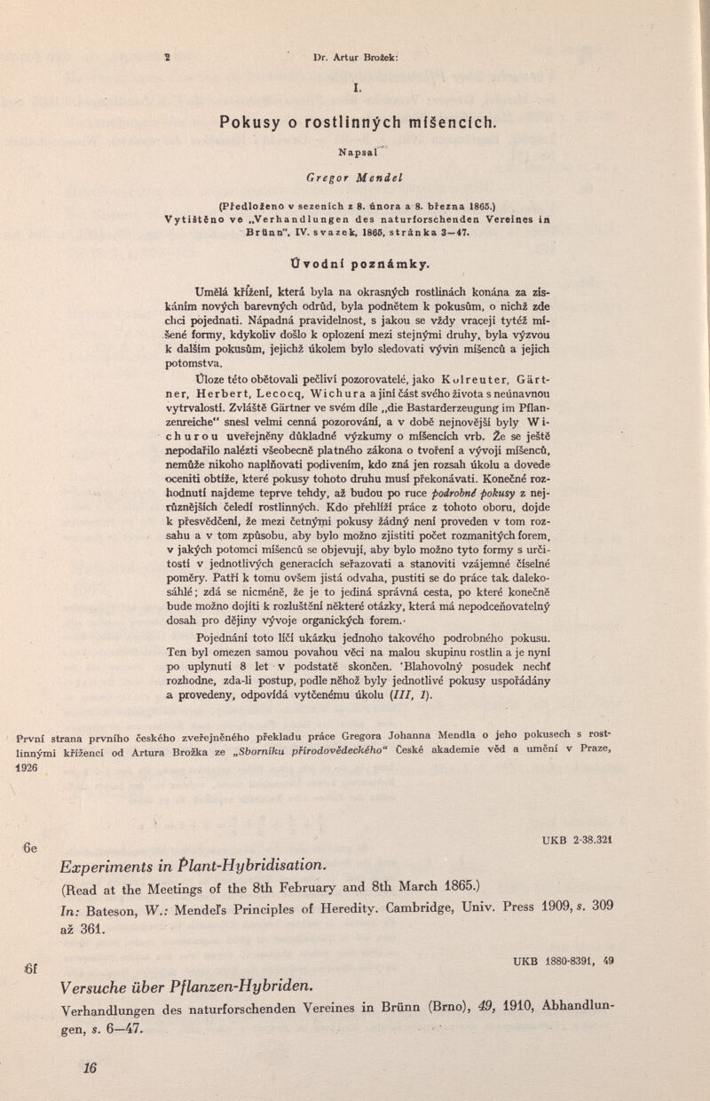 2 Dr. Artur Вго2ек: I. Pokusy о rostlinnych míáencích, Napsal'^ Gregor Mendel (Pfedloîeno v sezenlch z 8. února a 8. bitezna 18G5.) VytiStëno ve „Verhandlungen des naturforschenden Vereines in Brünn, IV. svazek, 18№, stránka 3—47. Ovodni poznámky. Umëlà kfíieni, která byla na okrasn^ch rostlinách konána za zis- káním nov^ch barevn^ch odrûd, byla podnëtem к pokusûm, о nich¿ zde dici pòjednati. Nápadná pravidelnost, s jakou se vzdy vraceji tytéi ml- ,§ené iormy, kdykoliv doslo к oplozeni mezi stejn^i druhy, byla vyzvou к daliim pokusûm, jejichi úkolem bylo sledovati v^n misencù a jejich potomstva. Üloze této obëtovali peêlivi pozorovatelé, jako Kolreuter, Gart¬ ner, Herbert, Lecocq, Wichura ajinlcástsvéhozivotasneúnavnou vytrvalosti. Zvlàâtë Gärtner ve svém dile „die Bastarderzeugung im Pflan¬ zenreiche snesl vaimi cenná pozorovánl, a v dobë nejnovëjsi byly W i- c h u г о u uverejnëny dûkladné v^zkumy о miiencich vrb. 2e se jestë nepod^ilo nalézti vseobecnë platného zákona о tvoreni a v^oji misencù, nemûîe nikoho naplftovati podivenim, kdo zná jen rozsah úkolu a dovede oceniti obtííe, které pokusy tohoto druhu musí prekonávati. Konecné roz- hodnuti najdeme teprve tehdy, ai budou po ruce podrobn¿ pokusy z nej- rûznëjâich celedi rostlinn;^ch. Kdo pfehlííi práce z tohoto obera, dojde к presvëdëenl, 2e mezi òetn^i pokusy zádn^ neni proveden v tom roz- sahu a v tom zpúsobu, aby bylo mozno zjistiti pocet rozmanit;^ch forem, V jak^ch potomci misencù se objevuji, aby bylo mo2no tjrto formy s urei- tosti V jednotlivych generacich serazovati a stanoviti vzájemné èiselné pomëry. Patri к tomu ovsem jistá odvaha, pustiti se do práce tak daleko- sáhlé ; zdá se nicménë, ie je to jediná správná cesta, po které konecné bude mozno dojiti к rozlustSni nëkteré otázky, která má nepodceñovateluj/' dosah pro dëjiny v^oje organick^ch forem.' Pojednáni toto liei ukázku jednoho takového podrobného pokusu. Ten byl omezen samou povahou vëci na malou skupinu rostlin a je nyni po upl5aiuti 8 let v podstatë skonöen. 'Blahovoln;^ posudek neehf rozhodne, zda-li postup, podle nëhoz byly jednotlivé pokusy usporádány a provedeny, odpovidá vytcenému úkolu {HI, I). První strana prvního ceského zverejnëného prekladu práce Gregora Johanna Mendia о jeho pokusech s rost- liun^i kfízencí od Artura Brozka ze „Sborniku pflrodovëdeckého Ceské akademie vëd a umëni v Praze, 1926 _ UKB 2-38.321 De Experiments in Plant-Hybridisation. (Read at the Meetings of the 8th February and 8th March 1865.) In: Bateson, W.; Mendels Principles of Heredity. Cambridge, Univ. Press 1909, s. 309 az 361. UKB 1880-8391, 49 6f Versuche über Pflanzen-Hybriden. Verhandlungen des naturforschenden Vereines in Brünn (Brno), 49, 1910, Abhandlun¬ gen, s. 6—47. 16