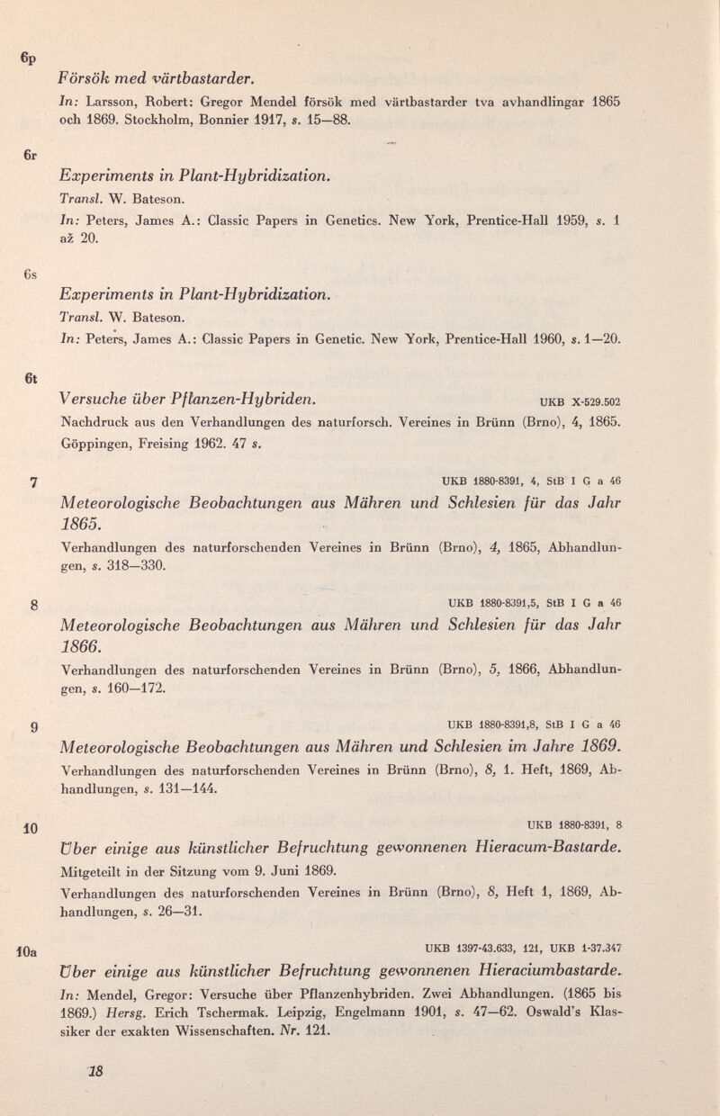 Försök med värtb astar der. In; Larsson, Robert: Gregor Mendel försök med värtbastarder tva avhandlingar 1865 och 1869. Stockholm, Bonnier 1917, s. 15—88. Experiments in Plant-Hybridization. Transi. W. Bateson. In: Peters, James A.: Classic Papers in Genetics. New York, Prentice-Hall 1959, s. 1 az 20. Experiments in Plant-Hybridization. Transi. W. Bateson. In: Peters, James A.: Classic Papers in Genetic. New York, Prentice-Hall 1960, s. 1—20. Versuche über Pflanzen-Hybriden. икв х-529.502 Nachdruck aus den Verhandlungen des naturforsch. Vereines in Brünn (Brno), 4, 1865. Göppingen, Freising 1962. 47 s. UKB 1880-8391, 4, StB I G а 46 Meteorologische Beobachtungen aus Mähren und Schlesien für das Jahr 1865. Verhandlungen des naturforschenden Vereines in Brünn (Brno), 4, 1865, Abhandlun¬ gen, s. 318—330. UKB 1880-8391,5, StB I G а 46 Meteorologische Beobachtungen aus Mähren und Schlesien für das Jahr 1866. Verhandlungen des naturforschenden Vereines in Brünn (Brno), 5, 1866, Abhandlun¬ gen, s. 160—172. UKB 1880-8391,8, StB I G а 46 Meteorologische Beobachtungen aus Mähren und Schlesien im Jahre 1869. Verhandlungen des naturforschenden Vereines in Brünn (Brno), 8, 1. Heft, 1869, Ab¬ handlungen, s. 131—144. UKB 1880-8391, 8 über einige aus künstlicher Befruchtung gewonnenen Hieracum-Bastarde. Mitgeteilt in der Sitzung vom 9. Juni 1869. A'^erhandlungen des naturforschenden Vereines in Brünn (Brno), 8, Heft 1, 1869, Ab¬ handlungen, s. 26—31. UKB 1397-43.633, 121, UKB 1-37.347 über einige aus künstlicher Befruchtung gewonnenen Hieraciumbastarde. In: Mendel, Gregor: Versuche über Pflanzenhybriden. Zwei Abhandlungen. (1865 bis 1869.) Hersg. Erich Tschermak. Leipzig, Engelmann 1901, s. 47—62. Oswald's Klas^ siker der exakten Wissenschaften. Nr. 121. 18