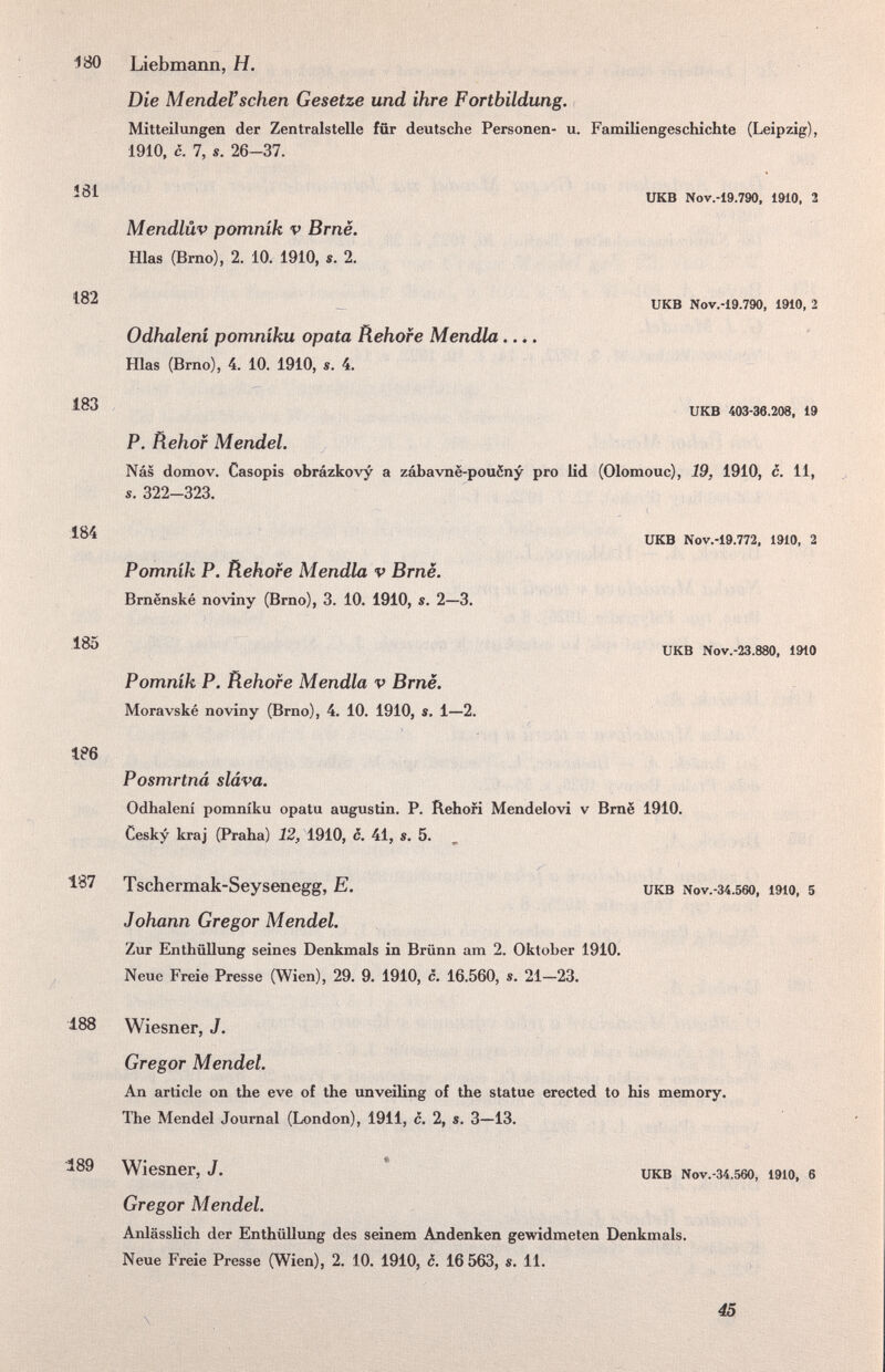 Í30 Liebmann, H. Die Mendel'sehen Gesetze und ihre Fortbildung. Mitteilungen der Zentralstelle für deutsche Personen- u. Familiengeschichte (Leipzig), 1910, c. 7, s. 26-37. UKB Nov.-19.790, 1910, 2 Mendlüv pomnik v Brnë. Hlas (Brno), 2. 10. 1910, s. 2. UKB Nov.-19.790, 1910, 2 Odhaleni pomniku opata Rehofe Mendia.. *. Hlas (Brno), 4. 10. 1910, i. 4. UKB 403-36.208, 19 P. Rehof Mendel. Nás domov. Casopis obrázfcovy a zábavne-pouíSny pro lid (Olomouc), 19, 1910, с. 11, s. 322-323. UKB Nov.-19.772, 1910, 2 Pomnik P. Rehofe Mendia v Brnë. Brnënské noviny (Brno), 3. 10. 1910, s. 2—3. UKB Nov.-23.880, Ш0 Pomnik P. Rehofe Mendia v Brnë. Moravské noviny (Brno), 4. 10. 1910, s. 1—2. lee Posmrtná slâva. Odhaleni pomniku opatu augustin. P. Rehofi Mendelovi v Bmë 1910. Cesky kraj (Praha) 12, 1910, 6, 41, s. 5. 187 Tschermak-Seysenegg, E. икв Nov.-34.560, i9io, 5 Johann Gregor Mendel. Zur Enthüllung seines Denkmals in Brünn am 2. Oktober 1910. Neue Freie Presse (Wien), 29. 9. 1910, c. 16.560, s. 21—23. 188 Wiesner, J. Gregor Mendel. An article on the eve of the unveiling of the statue erected to his memory. The Mendel Journal (London), 1911, c. 2, s. 3—13. 189 Wiesner, J. икв Nov.-34.560, 1910, 6 Gregor Mendel. Anlässlich der Enthüllung des seinem Andenken gewidmeten Denkmals. Neue Freie Presse (Wien), 2. 10. 1910, c. 16 563, s. 11. , 45