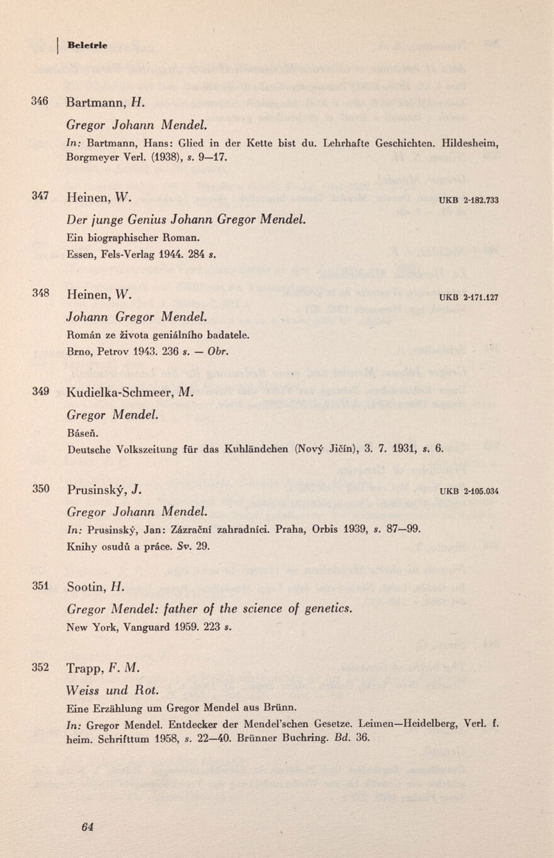 Beletrle 346 Bartmann, H. Gregor Johann Mendel. In; Bartmann, Hans: Glied in der Kette bist du. Lehrhafte Geschichten. Hildesheim, Borgmeyer Verl. (1938), s. 9—17. 347 Hein en, W. икв 2-182.733 Der junge Genius Johann Gregor Mendel. Ein biographischer Roman. Essen, Fels-Verlag 1944. 284 ». 348 Heinen, W. икв 2-171.127 Johann Gregor Mendel. Román ze zivota geniálního badatele. Brno, Petrov 1943. 236 s. — Obr. 349 Kudielka-Schmeer, M. Gregor Mendel. Báseñ. Deutsche Volkszeitung für das Kuhländchen (Novy Jicin), 3. 7. 1931, s. 6. 350 Prusinsky, J. UKB 2-105.034 Gregor Johann Mendel. In; Prusinsky, Jan: Zázracní zahradníci. Praha, Orbis 1939, s. 87—99. Kjnihy osudû a práce. Sv. 29. 351 Sootin, H. Gregor Mendel: father of the science of genetics. New York, Vanguard 1959. 223 s. 352 Trapp, F. M. Weiss und Rot. Eine Erzählung um Gregor Mendel aus Brünn. In: Gregor Mendel. Entdecker der Mendel'schen Gesetze. Leimen—Heidelberg, Verl. f. heim. Schrifttum 1958, s. 22—40. Brünner Buchring. Bd. 36. 64