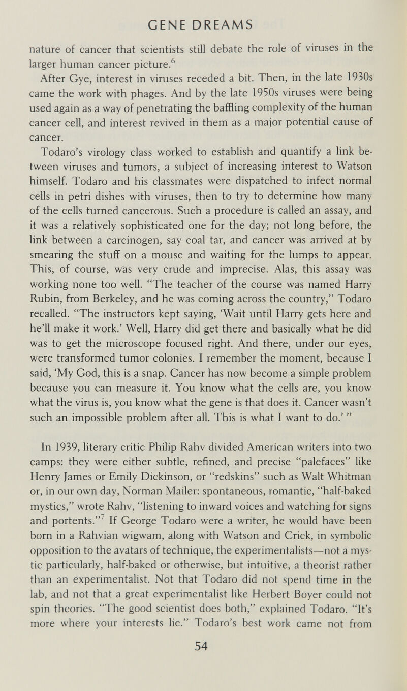 GENE DREAMS nature of cancer that scientists still debate the role of viruses in the larger human cancer picture.^ After Gye, interest in viruses receded a bit. Then, in the late 1930s came the work with phages. And by the late 1950s viruses were being used again as a way of penetrating the baffling complexity of the human cancer cell, and interest revived in them as a major potential cause of cancer. Todaro's virology class worked to establish and quantify a link be¬ tween viruses and tumors, a subject of increasing interest to Watson himself. Todaro and his classmates were dispatched to infect normal cells in petri dishes with viruses, then to try to determine how many of the cells turned cancerous. Such a procedure is called an assay, and it was a relatively sophisticated one for the day; not long before, the link between a carcinogen, say coal tar, and cancer was arrived at by smearing the stuff on a mouse and waiting for the lumps to appear. This, of course, was very crude and imprecise. Alas, this assay was working none too well. The teacher of the course was named Harry Rubin, from Berkeley, and he was coming across the country, Todaro recalled. The instructors kept saying, 'Wait until Harry gets here and he'll make it work.' Well, Harry did get there and basically what he did was to get the microscope focused right. And there, under our eyes, were transformed tumor colonies. I remember the moment, because I said, 'My God, this is a snap. Cancer has now become a simple problem because you can measure it. You know what the cells are, you know what the virus is, you know what the gene is that does it. Cancer wasn't such an impossible problem after all. This is what I want to do.'  In 1939, literary critic Philip Rahv divided American writers into two camps: they were either subtle, refined, and precise palefaces like Henry James or Emily Dickinson, or redskins such as Walt Whitman or, in our own day, Norman Mailer: spontaneous, romantic, half-baked mystics, wrote Rahv, listening to inward voices and watching for signs and portents.^ If George Todaro were a writer, he would have been born in a Rahvian wigwam, along with Watson and Crick, in symbolic opposition to the avatars of technique, the experimentalists—not a mys¬ tic particularly, half-baked or otherwise, but intuitive, a theorist rather than an experimentalist. Not that Todaro did not spend time in the lab, and not that a great experimentalist like Herbert Boyer could not spin theories. The good scientist does both, explained Todaro. It's more where your interests lie. Todaro's best work came not from 54