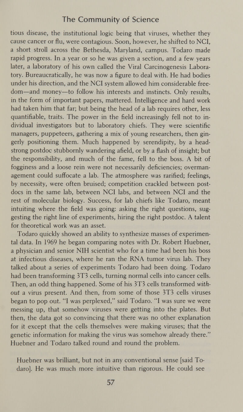 The Community of Science tious disease, the institutional logic being that viruses, whether they cause cancer or flu, were contagious. Soon, however, he shifted to NCI, a short stroll across the Bethesda, Maryland, campus. Todaro made rapid progress. In a year or so he was given a section, and a few years later, a laboratory of his own called the Viral Carcinogenesis Labora¬ tory. Bureaucratically, he was now a figure to deal with. He had bodies under his direction, and the NCI system allowed him considerable free¬ dom—and money—to follow his interests and instincts. Only results, in the form of important papers, mattered. Intelligence and hard work had taken him that far; but being the head of a lab requires other, less quantifiable, traits. The power in the field increasingly fell not to in¬ dividual investigators but to laboratory chiefs. They were scientific managers, puppeteers, gathering a mix of young researchers, then gin¬ gerly positioning them. Much happened by serendipity, by a head¬ strong postdoc stubbornly wandering afield, or by a flash of insight; but the responsibility, and much of the fame, fell to the boss. A bit of fogginess and a loose rein were not necessarily deficiencies; overman- agement could suffocate a lab. The atmosphere was rarified; feelings, by necessity, were often bruised; competition crackled between post- docs in the same lab, between NCI labs, and between NCI and the rest of molecular biology. Success, for lab chiefs like Todaro, meant intuiting where the field was going: asking the right questions, sug¬ gesting the right line of experiments, hiring the right postdoc. A talent for theoretical work was an asset. Todaro quickly showed an ability to synthesize masses of experimen¬ tal data. In 1969 he began comparing notes with Dr. Robert Huebner, a physician and senior NIH scientist who for a time had been his boss at infectious diseases, where he ran the RNA tumor virus lab. They talked about a series of experiments Todaro had been doing. Todaro had been transforming 3T3 cells, turning normal cells into cancer cells. Then, an odd thing happened. Some of his 3T3 cells transformed with¬ out a virus present. And then, from some of those 3T3 cells viruses began to pop out. I was perplexed, said Todaro. I was sure we were messing up, that somehow viruses were getting into the plates. But then, the data got so convincing that there was no other explanation for it except that the cells themselves were making viruses; that the genetic information for making the virus was somehow already there. Huebner and Todaro talked round and round the problem. Huebner was brilliant, but not in any conventional sense [said To¬ daro]. He was much more intuitive than rigorous. He could see 57