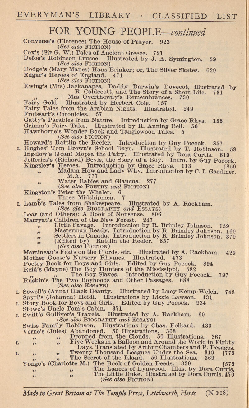 EVERYMAN'S LIBRARY • CLASSIFIED LIST FOR YOUNG PEOPLE—continued Converse's (Florence) The House of Prayer. 923 {See also Fiction) Cox's (Sir G. W.) Tales of Ancient Greece. 721 Defoe's Robinson Crusoe. Illustrated by J. A. Symington. 59 (See also Fiction) Dodge's (Mary Mapes) Hans Brinker; or. The Silver Skates. 620 Edgar's Heroes of England, 471 (See also Fiction) Ewing's (Шз) Jackanapes, Daddy Darwin's Dovecot, illustrated by R. Caldecott, and The Story of a Short Life. 731 „ „ Mrs OvertheAvay's Remembrances. 730 Fairy Gold. Illustrated by Herbert Cole. 157 Fairy Tales from the Arabian Nights. Illustrated. 249 Froissart's Chronicles. 57 Gatty's Parables from Nature. Introduction by Grace Rhys. 158 Grimm's Fairy Tales. Illustrated by R. Anm'ng Bell. 56 Hawthorne's Wonder Book and Tanglewood Tales. 5 (See also Fiction) Howard's Rattlin the Reefer, Introduction by Guy Pocock. 857 L Hughes' Tom Brown's School Days. Illustrated by T. Robinson, 58 Ingelow's (Jean) Mopsa the Fairy. Illustrated by Dora Curtis. 619 Jefferies's (Richard) Bevis, the Story of a Boy. intro. by Guy Pocock. Kingsley's Heroes. Introduction by Grace Rhys, 113 [850 „ Madam How and Lady Why. Introduction by C, I. Gardiner, M.A. 777 „ Water Babies and Glaucus. 277 (See also Poetry and Fiction) Kingston's Peter the Whaler. 6 „ Three Midshipmen. 7 L Lamb's Tales from Shakespeare. Illustrated by A. Rackham. (See also Biography ajid Essays) Lear (and Others): A Book of Nonsense. 806 Marryat's Children of the New Forest. 247 „ Little Savage. Introduction by R. Brimley Johnson, 159 „ Masterman Ready. Introduction by R. Brimley Johnson. 160 „ Settlers in Canada. Introduction by R. Brimley Johnson. 370 „ (Edited by) Rattlin the Reefer. 857 (See also Fiction) Martineau's Feats on the Fjords, etc. Illustrated by A. Rackham. 429 Mother Goose's Nursery Rhîones. Illustrated. 473 Poetry Book for Boys and Girls. Edited by Guy Pocock. 894 Reid's (Mayne) The Boy Hunters of the Mississippi. 582 „ „ The Boy Slaves. Introduction by Guy Pocock. 797 Ruskin's The Two Boyhoods and Other Passages. 688 (See also Essays) L Sewell's (Anna) Black Beauty. Illustrated by Lucy Kemp-Welch. 743 Spyri's (Johanna) Heidi. Illustrations by Lizzie Lawson. 431 L Story Book for Boys and Girls. Edited by Guy Pocock. 934 Stowe's Uncle Tom's Cabin. 371 L Swift's GTilliver's Travels. Illustrated by A. Rackham, 60 (See also Biography and Essays) Swiss Family Robinson, Illustrations by Chas. Folkard. 430 Verne's (Jules) Abandoned. 50 Illustrations. 368 „ „ Dropped from the Clouds. 50 Illustrations. 367 L „ „ Five Weeks in a Balloon and Around the World in Eighty Days. Translated by Arthur Chambers and P. Desages. L „ „ Twenty Thousand Leagues Under the Sea. 319 [779 „ „ The Secret of the Island. 50 Illustrations. 369 Yonge's (Charlotte M.) The Book of Golden Deeds. 330 [579 „ „ The Lances of Lynwood. Illus. by Dora Curtis. „ „ The Little Duke. Illustrated by Dora Curtis. 470 (S'ce also Fiction) Alade in Great Britain at The Temple Press, Letcbmrth^ Herts (N 118)