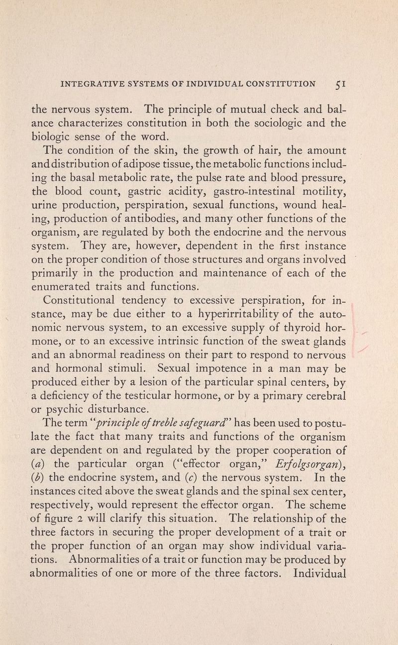 INTEGRATIVE SYSTEMS OF INDIVIDUAL CONSTITUTION 51 the nervous system. The principle of mutual check and bal¬ ance characterizes constitution in both the sociologie and the biologic sense of the word. The condition of the skin, the growth of hair, the amount and distribution of adipose tissue, the metabolic functions includ¬ ing the basal metabolic rate, the pulse rate and blood pressure, the blood count, gastric acidity, gastro-intestinal motility, urine production, perspiration, sexual functions, wound heal¬ ing, production of antibodies, and many other functions of the organism, are regulated by both the endocrine and the nervous system. They are, however, dependent in the first instance on the proper condition of those structures and organs involved primarily in the production and maintenance of each of the enumerated traits and functions. Constitutional tendency to excessive perspiration, for in¬ stance, may be due either to a hyperirritability of the auto¬ nomic nervous system, to an excessive supply of thyroid hor¬ mone, or to an excessive intrinsic function of the sweat glands and an abnormal readiness on their part to respond to nervous and hormonal stimuli. Sexual impotence in a man may be produced either by a lesion of the particular spinal centers, by a deficiency of the testicular hormone, or by a primary cerebral or psychic disturbance. The term principle of treble safeguard has been used to postu¬ late the fact that many traits and functions of the organism are dependent on and regulated by the proper cooperation of {a) the particular organ (effector organ, Erfolgsorgan), (¿>) the endocrine system, and (c) the nervous system. In the instances cited above the sweat glands and the spinal sex center, respectively, would represent the effector organ. The scheme of figure 2 will clarify this situation. The relationship of the three factors in securing the proper development of a trait or the proper function of an organ may show individual varia¬ tions. Abnormalities of a trait or function may be produced by abnormalities of one or more of the three factors. Individual