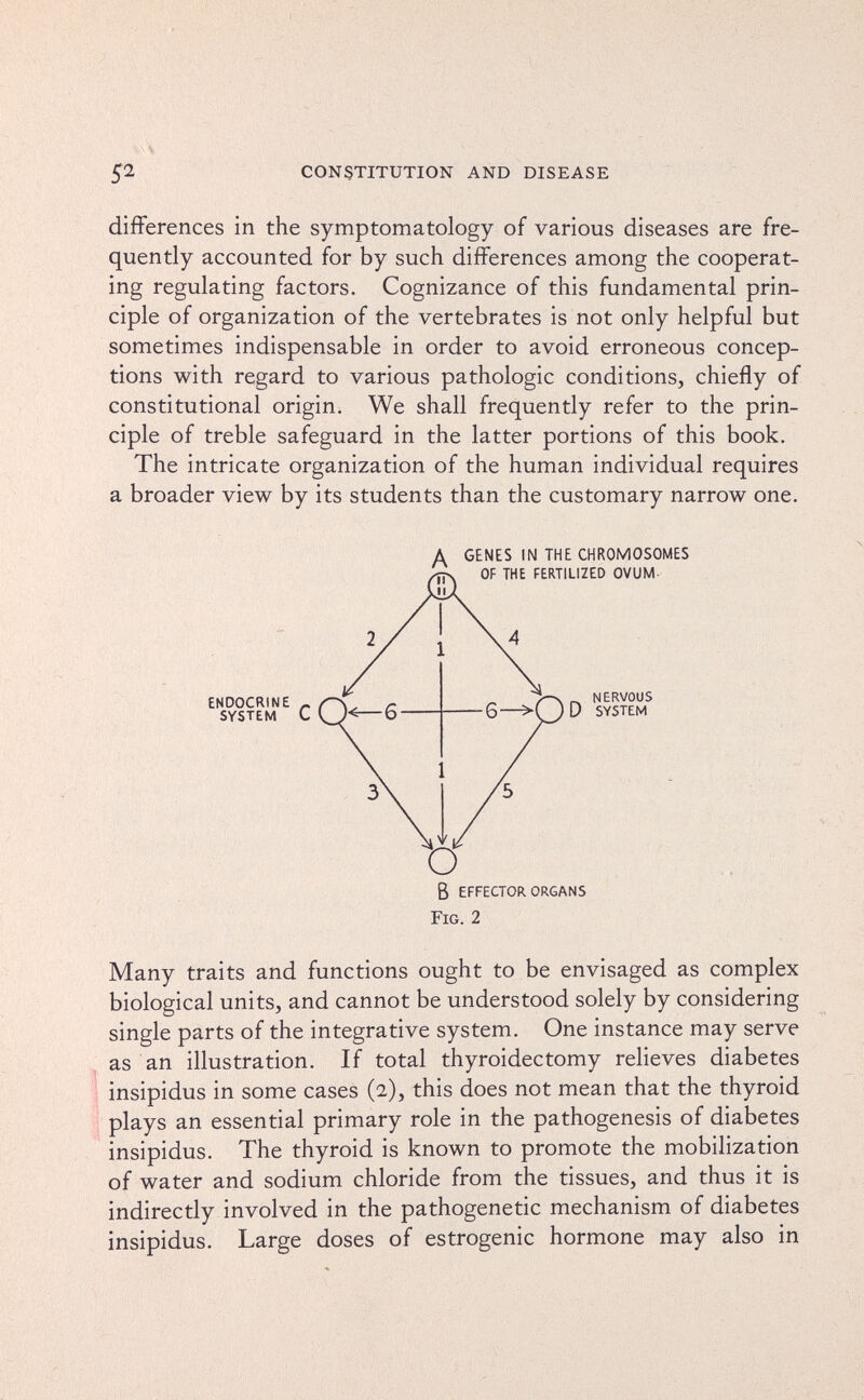 CONSTITUTION AND DISEASE differences in the symptomatology of various diseases are fre¬ quently accounted for by such differences among the cooperat¬ ing regulating factors. Cognizance of this fundamental prin¬ ciple of organization of the vertebrates is not only helpful but sometimes indispensable in order to avoid erroneous concep¬ tions with regard to various pathologic conditions, chiefly of constitutional origin. We shall frequently refer to the prin¬ ciple of treble safeguard in the latter portions of this book. The intricate organization of the human individual requires a broader view by its students than the customary narrow one. Fig. 2 Many traits and functions ought to be envisaged as complex biological units, and cannot be understood solely by considering single parts of the integrative system. One instance may serve as an illustration. If total thyroidectomy relieves diabetes insipidus in some cases (2), this does not mean that the thyroid plays an essential primary role in the pathogenesis of diabetes insipidus. The thyroid is known to promote the mobilization of water and sodium chloride from the tissues, and thus it is indirectly involved in the pathogenetic mechanism of diabetes insipidus. Large doses of estrogenic hormone may also in