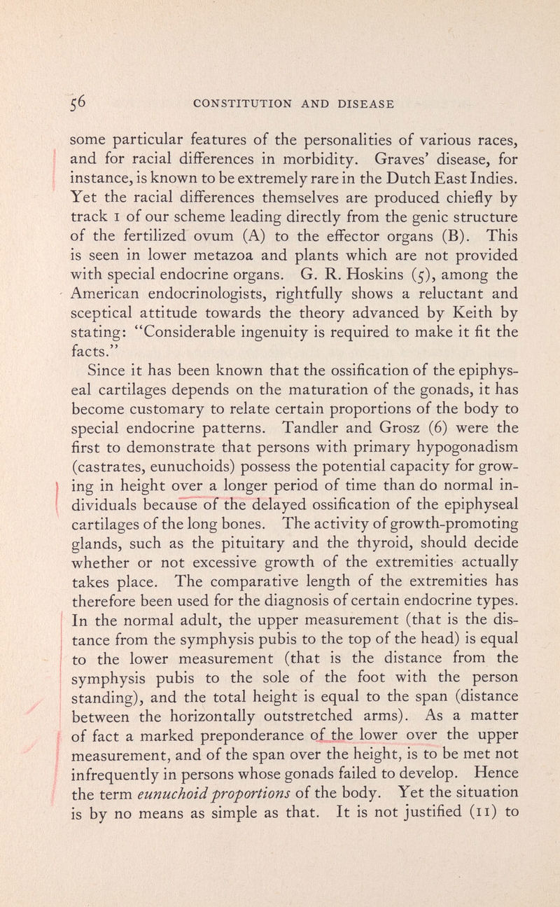 56 CONSTITUTION AND DISEASE some particular features of the personalities of various races, and for racial differences in morbidity. Graves' disease, for instance, is known to be extremely rare in the Dutch East Indies. Yet the racial differences themselves are produced chiefly by track I of our scheme leading directly from the genie structure of the fertihzed ovum (A) to the effector organs (B). This is seen in lower metazoa and plants which are not provided with special endocrine organs. G. R, Hoskins (5), among the - American endocrinologists, rightfully shows a reluctant and sceptical attitude towards the theory advanced by Keith by stating: Considerable ingenuity is required to make it fit the facts. Since it has been known that the ossification of the epiphys¬ eal cartilages depends on the maturation of the gonads, it has become customary to relate certain proportions of the body to special endocrine patterns. Tandler and Grosz (6) were the first to demonstrate that persons with primary hypogonadism (castrates, eunuchoids) possess the potential capacity for grow¬ ing in height over a longer period of time than do normal in¬ dividuals because of the delayed ossification of the epiphyseal cartilages of the long bones. The activity of growth-promoting glands, such as the pituitary and the thyroid, should decide whether or not excessive growth of the extremities actually takes place. The comparative length of the extremities has therefore been used for the diagnosis of certain endocrine types. In the normal adult, the upper measurement (that is the dis¬ tance from the symphysis pubis to the top of the head) is equal to the lower measurement (that is the distance from the i symphysis pubis to the sole of the foot with the person I standing), and the total height is equal to the span (distance between the horizontally outstretched arms). As a matter of fact a marked preponderance of the lower over the upper measurement, and of the span over the height, is to be met not infrequently in persons whose gonads failed to develop. Hence the term eunuchoid proportions of the body. Yet the situation is by no means as simple as that. It is not justified (11) to