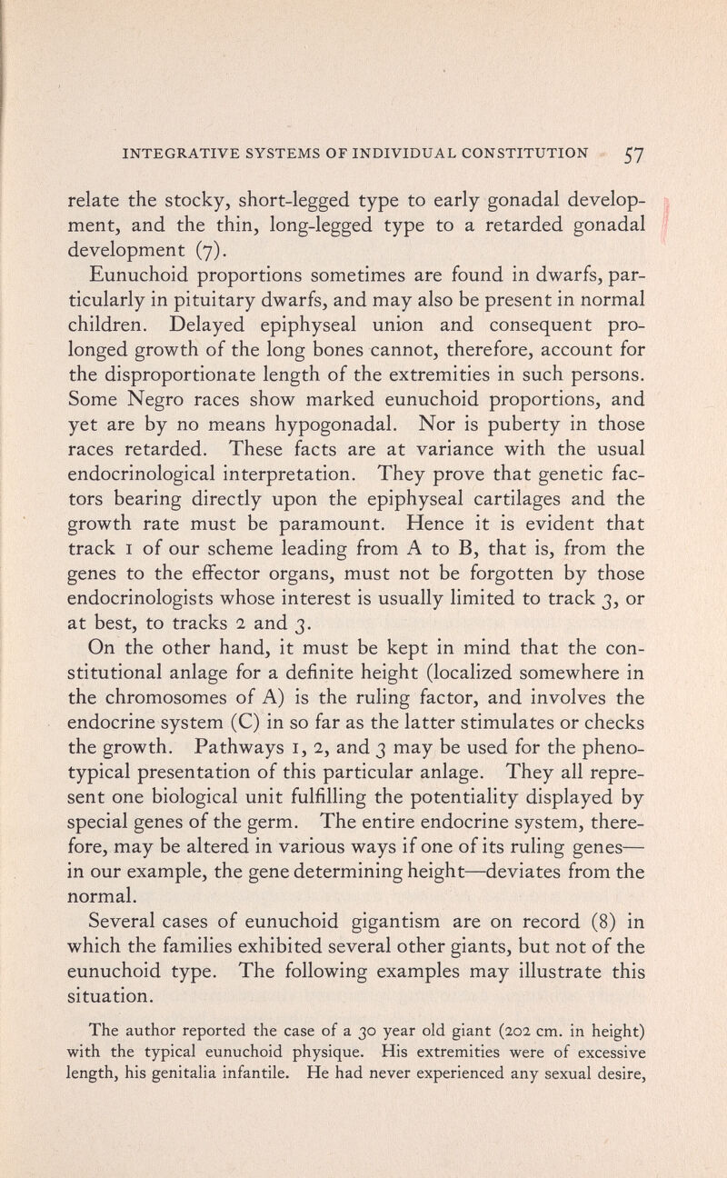 INTEGRATIVE SYSTEMS OF INDIVIDUAL CONSTITUTION 57 relate the stocky, short-legged type to early gonadal develop¬ ment, and the thin, long-legged type to a retarded gonadal development (7). Eunuchoid proportions sometimes are found in dwarfs, par¬ ticularly in pituitary dwarfs, and may also be present in normal children. Delayed epiphyseal union and consequent pro¬ longed growth of the long bones cannot, therefore, account for the disproportionate length of the extremities in such persons. Some Negro races show marked eunuchoid proportions, and yet are by no means hypogonadal. Nor is puberty in those races retarded. These facts are at variance with the usual endocrinological interpretation. They prove that genetic fac¬ tors bearing directly upon the epiphyseal cartilages and the growth rate must be paramount. Hence it is evident that track I of our scheme leading from A to B, that is, from the genes to the effector organs, must not be forgotten by those endocrinologists whose interest is usually limited to track 3, or at best, to tracks 2 and 3. On the other hand, it must be kept in mind that the con¬ stitutional anlage for a definite height (localized somewhere in the chromosomes of A) is the ruling factor, and involves the endocrine system (C) in so far as the latter stimulates or checks the growth. Pathways i, 2, and 3 may be used for the pheno- typical presentation of this particular anlage. They all repre¬ sent one biological unit fulfilling the potentiality displayed by special genes of the germ. The entire endocrine system, there¬ fore, may be altered in various ways if one of its ruling genes— in our example, the gene determining height—deviates from the normal. Several cases of eunuchoid gigantism are on record (8) in which the families exhibited several other giants, but not of the eunuchoid type. The following examples may illustrate this situation. The author reported the case of a 30 year old giant (202 cm. in height) with the typical eunuchoid physique. His extremities were of excessive length, his genitalia infantile. He had never experienced any sexual desire.