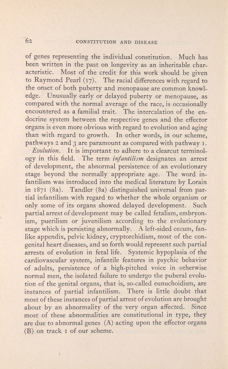 б2 CONSTITUTION AND DISEASE of genes representing the individual constitution. Much has been written in the past on longevity as an inheritable char¬ acteristic. Most of the credit for this work should be given to Raymond Pearl (17)- The racial differences with regard to the onset of both puberty and menopause are common knowl¬ edge. Unusually early or delayed puberty or menopause, as compared with the normal average of the race, is occasionally encountered as a familial trait. The intercalation of the en¬ docrine system between the respective genes and the effector organs is even more obvious with regard to evolution and aging than with regard to growth. In other words, in our scheme, pathways 2 and 3 are paramount as compared with pathway i. Evolution. It is important to adhere to a clearcut terminol¬ ogy in this field. The term infantilism designates an arrest of development, the abnormal persistence of an evolutionary stage beyond 'the normally appropriate age. The word in¬ fantilism was introduced into the medical literature by Lorain in 1871 (8a). Tandler (8a) distinguished universal from par¬ tial infantilism with regard to whether the whole organism or only some of its organs showed delayed development. Such partial arrest of development may be called fetalism, embryon- ism, puerilism or juvenilism according to the evolutionary stage which is persisting abnormally. A left-sided cecum, fan¬ like appendix, pelvic kidney, cryptorchidism, most of the con¬ genital heart diseases, and so forth would represent such partial arrests of evolution in fetal life. Systemic hypoplasia of the cardiovascular system, infantile features in psychic behavior of adults, persistence of a high-pitched voice in otherwise normal men, the isolated failure to undergo the puberal evolu¬ tion of the genital organs, that is, so-called eunuchoidism, are instances of partial infantilism. There is little doubt that most of these instances of partial arrest of evolution are brought about by an abnormality of the very organ affected. Since most of these abnormalities are constitutional in type, they are due to abnormal genes (A) acting upon the effector organs (B) on track I of our scheme.