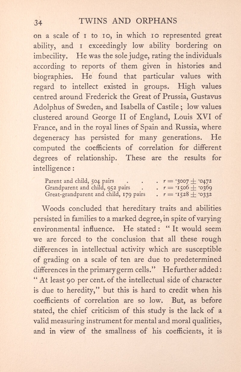 on a scale of i to io, in which io represented great ability, and i exceedingly low ability bordering on imbecility. He was the sole judge, rating the individuals according to reports of them given in histories and biographies. He found that particular values with regard to intellect existed in groups. High values centred around Frederick the Great of Prussia, Gustavus Adolphus of Sweden, and Isabella of Castile ; low values clustered around George II of England, Louis XVI of France, and in the royal lines of Spain and Russia, where degeneracy has persisted for many generations. He computed the coefficients of correlation for different degrees of relationship. These are the results for intelligence: Parent and child, 504 pairs . . . r — ‘3007 4 : *° 47 2 Grandparent and child, 952 pairs . . r = ‘1506 4 z ’0369 Great-grandparent and child, 179 pairs . r = ‘1528 4 : ‘° 33 2 Woods concluded that hereditary traits and abilities persisted in families to a marked degree, in spite of varying environmental influence. He stated : “ It would seem we are forced to the conclusion that all these rough differences in intellectual activity which are susceptible of grading on a scale of ten are due to predetermined differences in the primary germ cells.” He further added: “ At least 90 per cent, of the intellectual side of character is due to heredity,” but this is hard to credit when his coefficients of correlation are so low. But, as before stated, the chief criticism of this study is the lack of a valid measuring instrument for mental and moral qualities, and in view of the smallness of his coefficients, it is