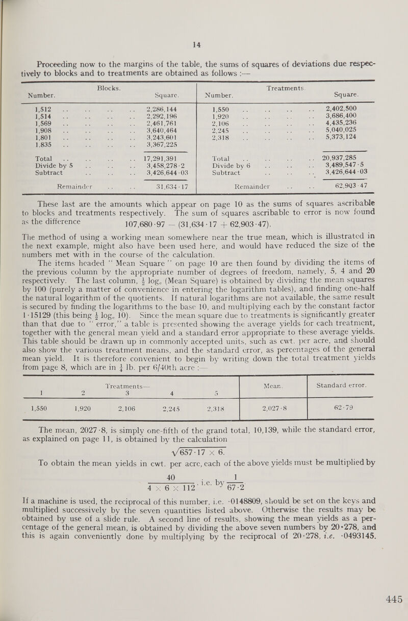 Proceeding now to the margins of the table, the sums of squares of deviations due respec tively to blocks and to treatments are obtained as follows :— Blocks. Number. Square. Treatments. Number. Square. 1,512 2,286,144 1,550 2,402,500 1,514 2,292,196 1,920 3,686,400 1,569 2,461,761 2,106 4,435,236 1,908 3,640,464 2,245 5,040,025 1,801 1.835 3,243,601 3,367,225 2,318 5,373,124 Total .. 17,291,391 Total 20,937,285 Divide by 5 3,458,278-2 Divide by 6 3,489,547-5 Subtract 3,426,644-03 Subtract 3,426,644-03 Remainder 31,634-17 Remainder 62,903-47 These last are the amounts which appear on page 10 as the sums of squares ascribable to blocks and treatments respectively. The sum of squares ascribable to error is now found as the difference 107,680-97 - (31,634-17 + 62,903-47). The method of using a working mean somew-here near the true mean, which is illustrated in the next example, might also have been used here, and would have reduced the size of the numbers met with in the course of the calculation. The items headed “ Mean Square ” on page 10 are then found by dividing the items of the previous column by the appropriate number of degrees of freedom, namely, 5, 4 and 20 respectively. The last column, i log e (Mean Square) is obtained by dividing the mean squares by 100 (purely a matter of convenience in entering the logarithm tables), and finding one-half the natural logarithm of the quotients. If natural logarithms are not available, the same result is secured by finding the logarithms to the base 10 , and multiplying each by the constant factor 1 -15129 (this being \ log e 10). Since the mean square due to treatments is significantly greater than that due to “ error,” a table is presented showing the average yields for each treatment, together with the general mean yield and a standard error appropriate to these average yields. This table should be drawn up in commonly accepted units, such as cwt. per acre, and should also show the various treatment means, and the standard error, as percentages of the general mean yield. It is therefore convenient to begin by writing down the total treatment yields from page 8 , which are in | lb. per 6/40th acre :— 1 2 Treatments— 3 4 5 Mean. Standard error. 1,550 1,920 2,106 2,245 2,318 2,027-8 62-79 The mean, 2027 - 8 , is simply one-fifth of the grand total, 10,139, while the standard error, as explained on page 11 , is obtained by the calculation \/657-17 X 6 . To obtain the mean yields in cwt. per acre, each of the above yields must be multiplied by 40 4 > 6 X 112' i.e. by 1 67-2 If a machine is used, the reciprocal of this number, i.e. -0148809, should be set on the keys and multiplied successively by the seven quantities listed above. Otherwise the results may be obtained by use of a slide rule. A second line of results, showing the mean yields as a per centage of the general mean, is obtained by dividing the above seven numbers by 20*278, and this is again conveniently done by multiplying by the reciprocal of 20-278, i.e. -0493145.