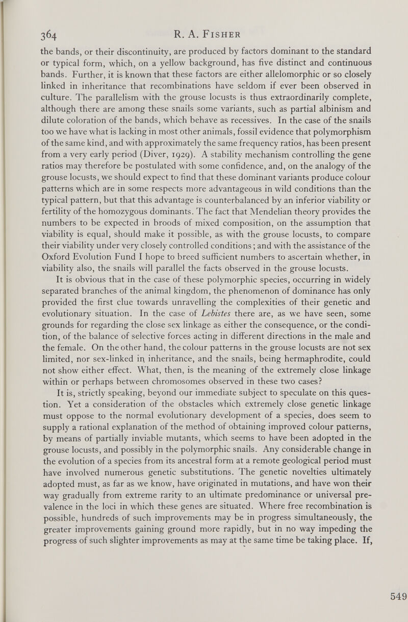 the bands, or their discontinuity, are produced by factors dominant to the standard or typical form, which, on a yellow background, has five distinct and continuous bands. Further, it is known that these factors are either allelomorphic or so closely linked in inheritance that recombinations have seldom if ever been observed in culture. The parallelism with the grouse locusts is thus extraordinarily complete, although there are among these snails some variants, such as partial albinism and dilute coloration of the bands, which behave as recessives. In the case of the snails too we have what is lacking in most other animals, fossil evidence that polymorphism of the same kind, and with approximately the same frequency ratios, has been present from a very early period (Diver, 1929 ). A stability mechanism controlling the gene ratios may therefore be postulated with some confidence, and, on the analogy of the grouse locusts, we should expect to find that these dominant variants produce colour patterns which are in some respects more advantageous in wild conditions than the typical pattern, but that this advantage is counterbalanced by an inferior viability or fertility of the homozygous dominants. The fact that Mendelian theory provides the numbers to be expected in broods of mixed composition, on the assumption that viability is equal, should make it possible, as with the grouse locusts, to compare their viability under very closely controlled conditions; and with the assistance of the Oxford Evolution Fund I hope to breed sufficient numbers to ascertain whether, in viability also, the snails will parallel the facts observed in the grouse locusts. It is obvious that in the case of these polymorphic species, occurring in widely separated branches of the animal kingdom, the phenomenon of dominance has only provided the first clue towards unravelling the complexities of their genetic and evolutionary situation. In the case of Lebistes there are, as we have seen, some grounds for regarding the close sex linkage as either the consequence, or the condi tion, of the balance of selective forces acting in different directions in the male and the female. On the other hand, the colour patterns in the grouse locusts are not sex limited, nor sex-linked in inheritance, and the snails, being hermaphrodite, could not show either effect. What, then, is the meaning of the extremely close linkage within or perhaps between chromosomes observed in these two cases? It is, strictly speaking, beyond our immediate subject to speculate on this ques tion. Yet a consideration of the obstacles which extremely close genetic linkage must oppose to the normal evolutionary development of a species, does seem to supply a rational explanation of the method of obtaining improved colour patterns, by means of partially inviable mutants, which seems to have been adopted in the grouse locusts, and possibly in the polymorphic snails. Any considerable change in the evolution of a species from its ancestral form at a remote geological period must have involved numerous genetic substitutions. The genetic novelties ultimately adopted must, as far as we know, have originated in mutations, and have won their way gradually from extreme rarity to an ultimate predominance or universal pre valence in the loci in which these genes are situated. Where free recombination is possible, hundreds of such improvements may be in progress simultaneously, the greater improvements gaining ground more rapidly, but in no way impeding the progress of such slighter improvements as may at the same time be taking place. If,