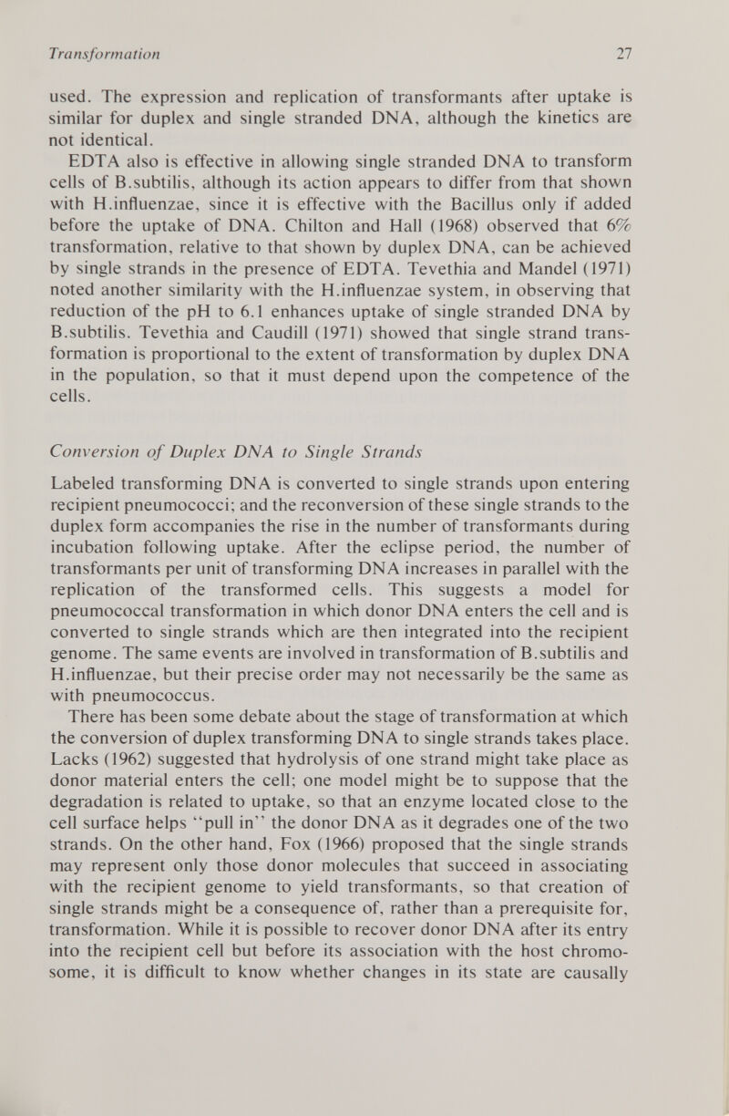 used. The expression and replication of transformants after uptake is similar for duplex and single stranded DNA, although the kinetics are not identical. EDTA also is effective in allowing single stranded DNA to transform cells of B.subtilis, although its action appears to differ from that shown with H.influenzae, since it is effective with the Bacillus only if added before the uptake of DNA. Chilton and Hall (1968) observed that 6% transformation, relative to that shown by duplex DNA, can be achieved by single strands in the presence of EDTA. Tevethia and Mandel (1971) noted another similarity with the H.influenzae system, in observing that reduction of the pH to 6.1 enhances uptake of single stranded DNA by B.subtilis. Tevethia and Caudill (1971) showed that single strand trans formation is proportional to the extent of transformation by duplex DNA in the population, so that it must depend upon the competence of the cells. Conversion of Duplex DNA to Single Strands Labeled transforming DNA is converted to single strands upon entering recipient pneumococci; and the reconversion of these single strands to the duplex form accompanies the rise in the number of transformants during incubation following uptake. After the eclipse period, the number of transformants per unit of transforming DNA increases in parallel with the replication of the transformed cells. This suggests a model for pneumococcal transformation in which donor DNA enters the cell and is converted to single strands which are then integrated into the recipient genome. The same events are involved in transformation of B.subtilis and H.influenzae, but their precise order may not necessarily be the same as with pneumococcus. There has been some debate about the stage of transformation at which the conversion of duplex transforming DNA to single strands takes place. Lacks (1962) suggested that hydrolysis of one strand might take place as donor material enters the cell; one model might be to suppose that the degradation is related to uptake, so that an enzyme located close to the cell surface helps pull in the donor DNA as it degrades one of the two strands. On the other hand. Fox (1966) proposed that the single strands may represent only those donor molecules that succeed in associating with the recipient genome to yield transformants, so that creation of single strands might be a consequence of, rather than a prerequisite for, transformation. While it is possible to recover donor DNA after its entry into the recipient cell but before its association with the host chromo some, it is difficult to know whether changes in its state are causally