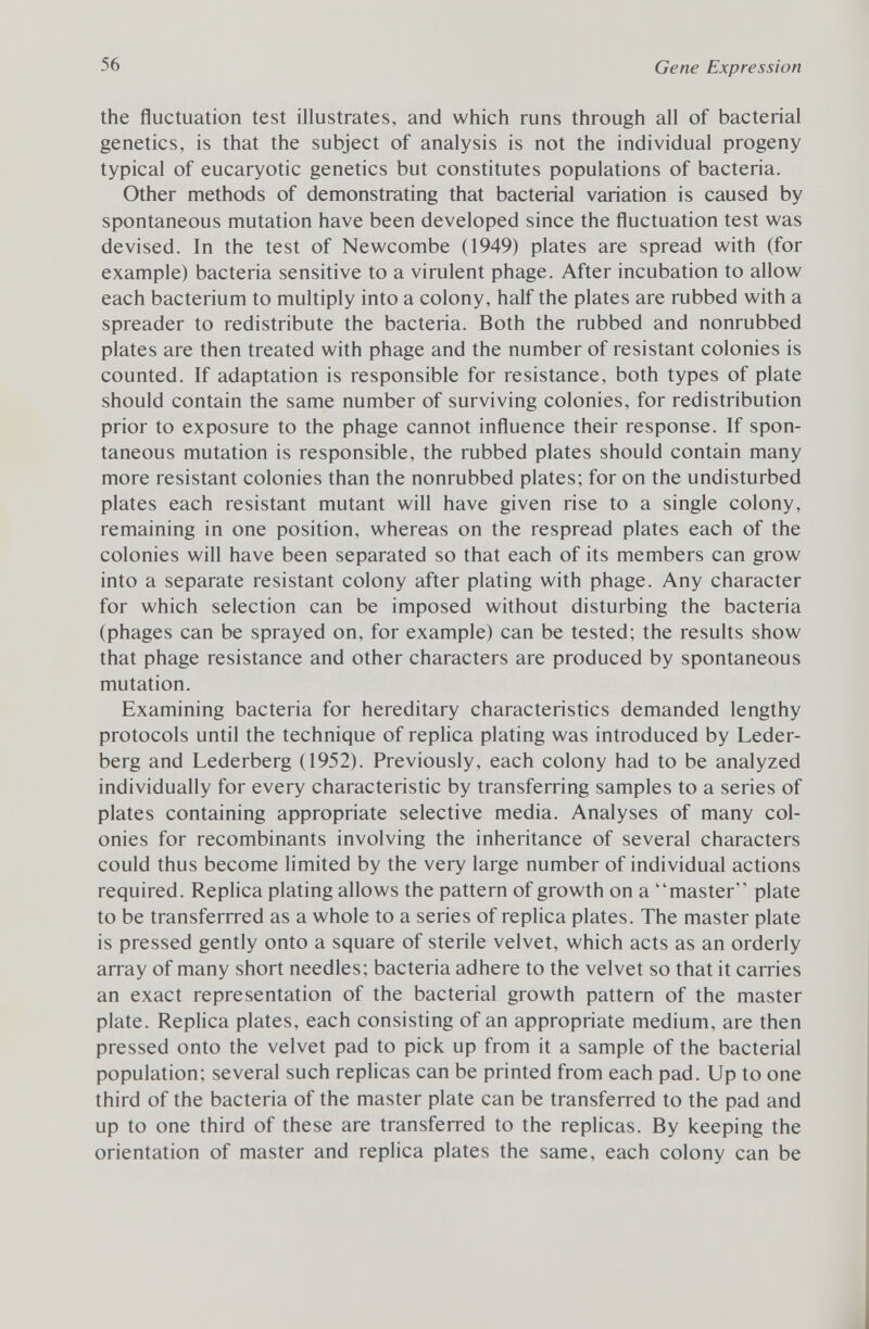 the fluctuation test illustrates, and which runs through all of bacterial genetics, is that the subject of analysis is not the individual progeny typical of eucaryotic genetics but constitutes populations of bacteria. Other methods of demonstrating that bacterial variation is caused by spontaneous mutation have been developed since the fluctuation test was devised. In the test of Newcombe (1949) plates are spread with (for example) bacteria sensitive to a virulent phage. After incubation to allow each bacterium to multiply into a colony, half the plates are rubbed with a spreader to redistribute the bacteria. Both the rubbed and nonrubbed plates are then treated with phage and the number of resistant colonies is counted. If adaptation is responsible for resistance, both types of plate should contain the same number of surviving colonies, for redistribution prior to exposure to the phage cannot influence their response. If spon taneous mutation is responsible, the rubbed plates should contain many more resistant colonies than the nonrubbed plates; for on the undisturbed plates each resistant mutant will have given rise to a single colony, remaining in one position, whereas on the respread plates each of the colonies will have been separated so that each of its members can grow into a separate resistant colony after plating with phage. Any character for which selection can be imposed without disturbing the bacteria (phages can be sprayed on, for example) can be tested; the results show that phage resistance and other characters are produced by spontaneous mutation. Examining bacteria for hereditary characteristics demanded lengthy protocols until the technique of replica plating was introduced by Leder- berg and Lederberg (1952). Previously, each colony had to be analyzed individually for every characteristic by transferring samples to a series of plates containing appropriate selective media. Analyses of many col onies for recombinants involving the inheritance of several characters could thus become limited by the very large number of individual actions required. Replica plating allows the pattern of growth on a master plate to be transferred as a whole to a series of replica plates. The master plate is pressed gently onto a square of sterile velvet, which acts as an orderly array of many short needles; bacteria adhere to the velvet so that it carries an exact representation of the bacterial growth pattern of the master plate. Replica plates, each consisting of an appropriate medium, are then pressed onto the velvet pad to pick up from it a sample of the bacterial population; several such replicas can be printed from each pad. Up to one third of the bacteria of the master plate can be transferred to the pad and up to one third of these are transferred to the replicas. By keeping the orientation of master and replica plates the same, each colony can be