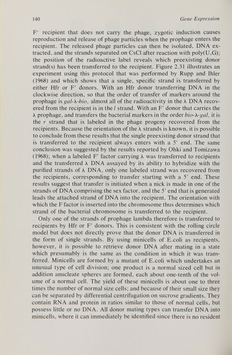 F~ recipient that does not carry the phage, zygotic induction causes reproduction and release of phage particles when the prophage enters the recipient. The released phage particles can then be isolated, DNA ex tracted, and the strands separated on CsCl after reaction with poly(U,G); the position of the radioactive label reveals which preexisting donor strand(s) has been transferred to the recipient. Figure 2.31 illustrates an experiment using this protocol that was performed by Rupp and Ihler (1968) and which shows that a single, specific strand is transferred by either Hfr or F' donors. With an Hfr donor transferring DNA in the clockwise direction, so that the order of transfer of markers around the prophage is gal-k-bio, almost all of the radioactivity in the A. DNA recov ered from the recipient is in the / strand. With an F' donor that carries the X prophage, and transfers the bacterial markers in the order bio-k-gal, it is the r strand that is labeled in the phage progeny recovered from the recipients. Because the orientation of the A strands is known, it is possible to conclude from these results that the single preexisting donor strand that is transferred to the recipient always enters with a 5' end. The same conclusion was suggested by the results reported by Ohki and Tomizawa (1968); when a labeled F' factor carrying A was transferred to recipients and the transferred A DNA assayed by its ability to hybridize with the purified strands of À DNA, only one labeled strand was recovered from the recipients, corresponding to transfer starting with a 5' end. These results suggest that transfer is initiated when a nick is made in one of the strands of DNA comprising the sex factor, and the 5' end that is generated leads the attached strand of DNA into the recipient. The orientation with which the F factor is inserted into the chromosome thus determines which strand of the bacterial chromosome is transferred to the recipient. Only one of the strands of prophage lambda therefore is transferred to recipients by Hfr or F' donors. This is consistent with the rolling circle model but does not directly prove that the donor DNA is transferred in the form of single strands. By using minicells of E.coli as recipients, however, it is possible to retrieve donor DNA after mating in a state which presumably is the same as the condition in which it was trans ferred. Minicells are formed by a mutant of E.coli which undertakes an unusual type of cell division; one product is a normal sized cell but in addition anucleate spheres are formed, each about one-tenth of the vol ume of a normal cell. The yield of these minicells is about one to three times the number of normal size cells; and because of their small size they can be separated by differential centrifugation on sucrose gradients. They contain RNA and protein in ratios similar to those of normal cells, but possess little or no DNA. All donor mating types can transfer DNA into minicells, where it can immediately be identified since there is no resident