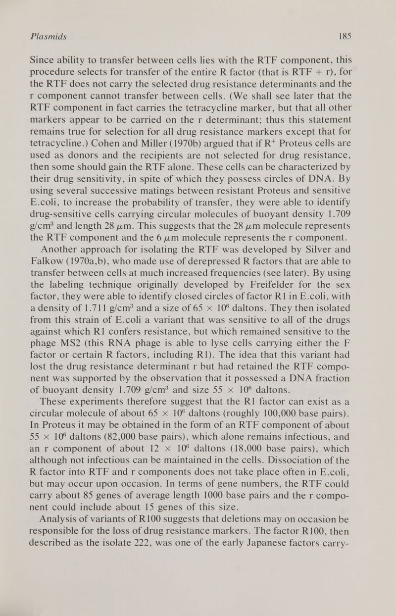 Since ability to transfer between cells lies with the RTF component, this procedure selects for transfer of the entire R factor (that is RTF + r), for the RTF does not carry the selected drug resistance determinants and the r component cannot transfer between cells. (We shall see later that the RTF component in fact carries the tetracycline marker, but that all other markers appear to be carried on the r determinant; thus this statement remains true for selection for all drug resistance markers except that for tetracycline.) Cohen and Miller ( 1970b) argued that if R + Proteus cells are used as donors and the recipients are not selected for drug resistance, then some should gain the RTF alone. These cells can be characterized by their drug sensitivity, in spite of which they possess circles of DNA. By using several successive matings between resistant Proteus and sensitive E.coli, to increase the probability of transfer, they were able to identify drug-sensitive cells carrying circular molecules of buoyant density 1.709 g/cm 3 and length 28 /xm. This suggests that the 28 /xm molecule represents the RTF component and the 6 /xm molecule represents the r component. Another approach for isolating the RTF was developed by Silver and Falkow ( 1970a,b), who made use of derepressed R factors that are able to transfer between cells at much increased frequencies (see later). By using the labeling technique originally developed by Freifelder for the sex factor, they were able to identify closed circles of factor R1 in E.coli, with a density of 1.711 g/cm 3 and a size of 65 x 10 6 daltons. They then isolated from this strain of E.coli a variant that was sensitive to all of the drugs against which R1 confers resistance, but which remained sensitive to the phage MS2 (this RNA phage is able to lyse cells carrying either the F factor or certain R factors, including Rl). The idea that this variant had lost the drug resistance determinant r but had retained the RTF compo nent was supported by the observation that it possessed a DNA fraction of buoyant density 1.709 g/cm 3 and size 55 x 10 6 daltons. These experiments therefore suggest that the Rl factor can exist as a circular molecule of about 65 x 10 6 daltons (roughly 100,000 base pairs). In Proteus it may be obtained in the form of an RTF component of about 55 x 10 6 daltons (82,000 base pairs), which alone remains infectious, and an r component of about 12 x 10 6 daltons (18,000 base pairs), which although not infectious can be maintained in the cells. Dissociation of the R factor into RTF and r components does not take place often in E.coli, but may occur upon occasion. In terms of gene numbers, the RTF could carry about 85 genes of average length 1000 base pairs and the r compo nent could include about 15 genes of this size. Analysis of variants of R100 suggests that deletions may on occasion be responsible for the loss of drug resistance markers. The factor R100, then described as the isolate 222, was one of the early Japanese factors carry-