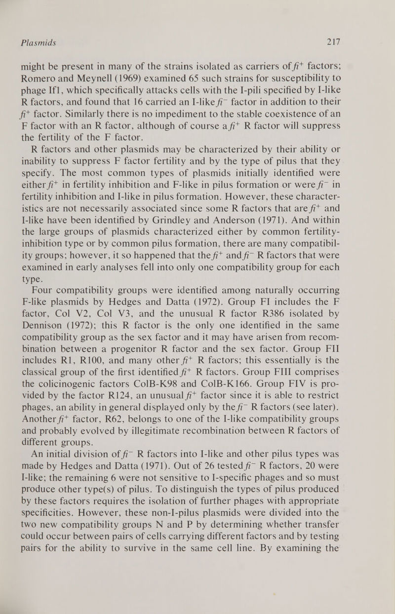 might be present in many of the strains isolated as carriers of fi + factors; Romero and Meynell (1969) examined 65 such strains for susceptibility to phage If 1, which specifically attacks cells with the I-pili specified by I-like R factors, and found that 16 carried an I-like fi~ factor in addition to their fi + factor. Similarly there is no impediment to the stable coexistence of an F factor with an R factor, although of course afi + R factor will suppress the fertility of the F factor. R factors and other plasmids may be characterized by their ability or inability to suppress F factor fertility and by the type of pilus that they specify. The most common types of plasmids initially identified were either/z + in fertility inhibition and F-like in pilus formation or were fi~ in fertility inhibition and I-like in pilus formation. However, these character istics are not necessarily associated since some R factors that are fi + and I-like have been identified by Grindley and Anderson (1971). And within the large groups of plasmids characterized either by common fertility- inhibition type or by common pilus formation, there are many compatibil ity groups; however, it so happened that the fi + and fi~ R factors that were examined in early analyses fell into only one compatibility group for each type. Four compatibility groups were identified among naturally occurring F-like plasmids by Hedges and Datta (1972). Group FI includes the F factor, Col V2, Col V3, and the unusual R factor R386 isolated by Dennison (1972); this R factor is the only one identified in the same compatibility group as the sex factor and it may have arisen from recom bination between a progenitor R factor and the sex factor. Group FII includes RI, R100, and many other fi + R factors; this essentially is the classical group of the first identified/^ R factors. Group Fill comprises the colicinogenic factors ColB-K98 and ColB-K.166. Group FIV is pro vided by the factor R124, an unusual fi + factor since it is able to restrict phages, an ability in general displayed only by the fi~ R factors (see later). Another/?* factor, R62, belongs to one of the I-like compatibility groups and probably evolved by illegitimate recombination between R factors of different groups. An initial division of fi R factors into I-like and other pilus types was made by Hedges and Datta (1971). Out of 26 tested fi~ R factors, 20 were I-like; the remaining 6 were not sensitive to I-specific phages and so must produce other type(s) of pilus. To distinguish the types of pilus produced by these factors requires the isolation of further phages with appropriate specificities. However, these non-I-pilus plasmids were divided into the two new compatibility groups N and P by determining whether transfer could occur between pairs of cells carrying different factors and by testing pairs for the ability to survive in the same cell line. By examining the