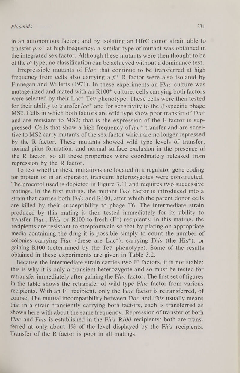 in an autonomous factor; and by isolating an HfrC donor strain able to transfer pro + at high frequency, a similar type of mutant was obtained in the integrated sex factor. Although these mutants were then thought to be of the o c type, no classification can be achieved without a dominance test. Irrepressible mutants of F lac that continue to be transferred at high frequency from cells also carrying afi + R factor were also isolated by Finnegan and Willetts (1971). In these experiments an F lac culture was mutagenized and mated with an R100 + culture; cells carrying both factors were selected by their Lac + Tet r phenotype. These cells were then tested for their ability to transfer lac + and for sensitivity to the 6 -specific phage MS2. Cells in which both factors are wild type show poor transfer of F lac and are resistant to MS2; that is the expression of the F factor is sup pressed. Cells that show a high frequency of lac + transfer and are sensi tive to MS2 carry mutants of the sex factor which are no longer repressed by the R factor. These mutants showed wild type levels of transfer, normal pilus formation, and normal surface exclusion in the presence of the R factor; so all these properties were coordinately released from repression by the R factor. To test whether these mutations are located in a regulator gene coding for protein or in an operator, transient heterozygotes were constructed. The procotol used is depicted in Figure 3.11 and requires two successive matings. In the first mating, the mutant F lac factor is introduced into a strain that carries both F his and R100, after which the parent donor cells are killed by their susceptibility to phage T6. The intermediate strain produced by this mating is then tested immediately for its ability to transfer F lac, F his or R100 to fresh (F~) recipients; in this mating, the recipients are resistant to streptomycin so that by plating on appropriate media containing the drug it is possible simply to count the number of colonies carrying F lac (these are Lac + ), carrying F his (the His + ), or gaining R100 (determined by the Tet r phenotype). Some of the results obtained in these experiments are given in Table 3.2. Because the intermediate strain carries two F' factors, it is not stable; this is why it is only a transient heterozygote and so must be tested for retransfer immediately after gaining the F lac factor. The first set of figures in the table shows the retransfer of wild type F lac factor from various recipients. With an F~ recipient, only the F lac factor is retransferred, of course. The mutual incompatibility between F lac and F his usually means that in a strain transiently carrying both factors, each is transferred as shown here with about the same frequency. Repression of transfer of both F lac and F his is established in the F hi s R 100 recipients; both are trans ferred at only about \% of the level displayed by the F hi s recipients. Transfer of the R factor is poor in all matings.