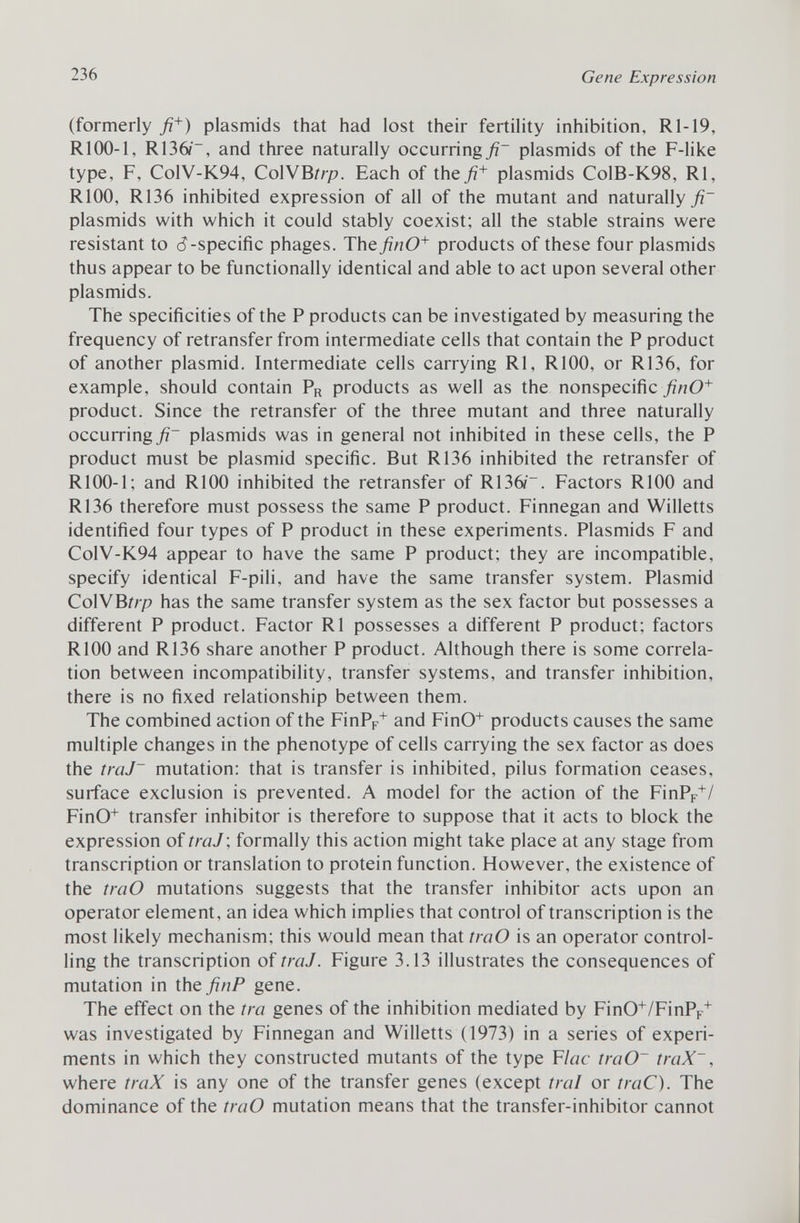 (formerly fi + ) plasmids that had lost their fertility inhibition, Rl-19, R100-1, R136/~, and three naturally occurring^ - plasmids of the F-like type, F, ColV-K.94, ColVB/r/?. Each of the fi + plasmids ColB-K98, Rl, R100, R136 inhibited expression of all of the mutant and naturally fi~ plasmids with which it could stably coexist; all the stable strains were resistant to cJ-specific phages. The finO + products of these four plasmids thus appear to be functionally identical and able to act upon several other plasmids. The specificities of the P products can be investigated by measuring the frequency of retransfer from intermediate cells that contain the P product of another plasmid. Intermediate cells carrying RI, R100, or R136, for example, should contain P R products as well as the nonspecific finO + product. Since the retransfer of the three mutant and three naturally occurring/7 plasmids was in general not inhibited in these cells, the P product must be plasmid specific. But R136 inhibited the retransfer of R100-1; and R100 inhibited the retransfer of R136 i~. Factors R100 and R136 therefore must possess the same P product. Finnegan and Willetts identified four types of P product in these experiments. Plasmids F and ColV-K.94 appear to have the same P product; they are incompatible, specify identical F-pili, and have the same transfer system. Plasmid ColVBrr/? has the same transfer system as the sex factor but possesses a different P product. Factor Rl possesses a different P product; factors R100 and R136 share another P product. Although there is some correla tion between incompatibility, transfer systems, and transfer inhibition, there is no fixed relationship between them. The combined action of the FinP F + and FinO + products causes the same multiple changes in the phenotype of cells carrying the sex factor as does the traJ mutation: that is transfer is inhibited, pilus formation ceases, surface exclusion is prevented. A model for the action of the FinP F + / FinO + transfer inhibitor is therefore to suppose that it acts to block the expression of traJ\ formally this action might take place at any stage from transcription or translation to protein function. However, the existence of the traO mutations suggests that the transfer inhibitor acts upon an operator element, an idea which implies that control of transcription is the most likely mechanism; this would mean that traO is an operator control ling the transcription of traJ. Figure 3.13 illustrates the consequences of mutation in the finP gene. The effect on the tra genes of the inhibition mediated by FinO + /FinP F + was investigated by Finnegan and Willetts (1973) in a series of experi ments in which they constructed mutants of the type F lac traO~ traX~, where traX is any one of the transfer genes (except trai or traC). The dominance of the traO mutation means that the transfer-inhibitor cannot