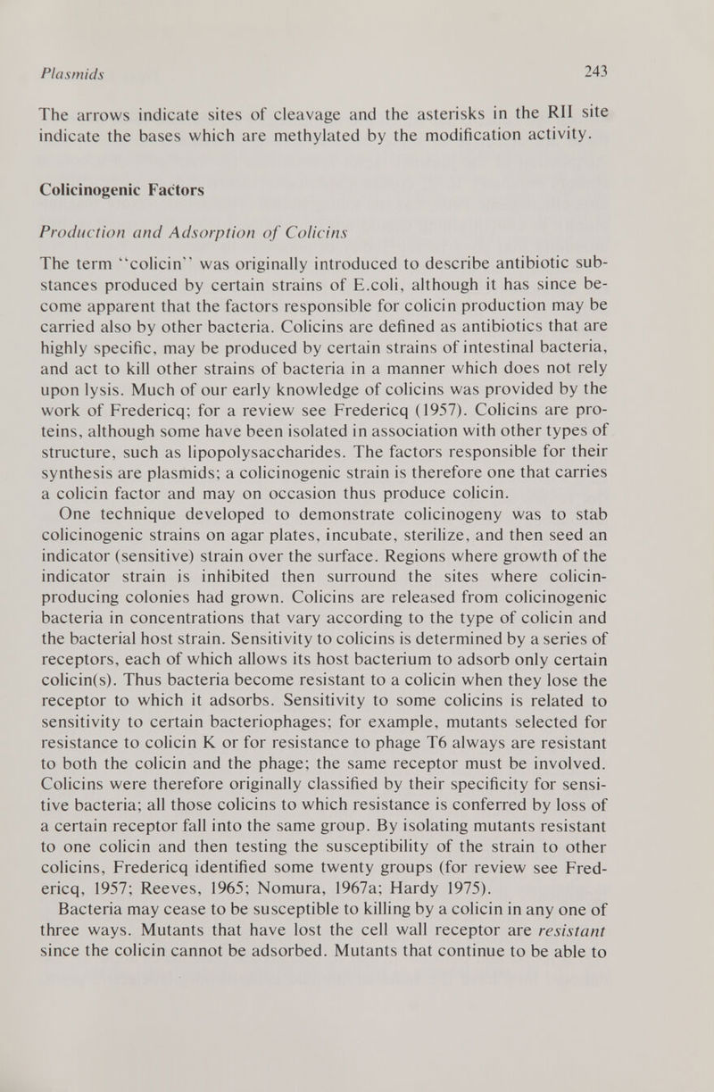 The arrows indicate sites of cleavage and the asterisks in the RII site indicate the bases which are methylated by the modification activity. Colicinogenic Factors Production and Adsorption of Colicins The term colicin^ was originally introduced to describe antibiotic sub stances produced by certain strains of E.coli, although it has since be come apparent that the factors responsible for colicin production may be carried also by other bacteria. Colicins are defined as antibiotics that are highly specific, may be produced by certain strains of intestinal bacteria, and act to kill other strains of bacteria in a manner which does not rely upon lysis. Much of our early knowledge of colicins was provided by the work of Fredericq; for a review see Fredericq (1957). Colicins are pro teins, although some have been isolated in association with other types of structure, such as lipopolysaccharides. The factors responsible for their synthesis are plasmids; a colicinogenic strain is therefore one that carries a colicin factor and may on occasion thus produce colicin. One technique developed to demonstrate colicinogeny was to stab colicinogenic strains on agar plates, incubate, sterilize, and then seed an indicator (sensitive) strain over the surface. Regions where growth of the indicator strain is inhibited then surround the sites where colicin- producing colonies had grown. Colicins are released from colicinogenic bacteria in concentrations that vary according to the type of colicin and the bacterial host strain. Sensitivity to colicins is determined by a series of receptors, each of which allows its host bacterium to adsorb only certain colicin(s). Thus bacteria become resistant to a colicin when they lose the receptor to which it adsorbs. Sensitivity to some colicins is related to sensitivity to certain bacteriophages; for example, mutants selected for resistance to colicin K or for resistance to phage T6 always are resistant to both the colicin and the phage; the same receptor must be involved. Colicins were therefore originally classified by their specificity for sensi tive bacteria; all those colicins to which resistance is conferred by loss of a certain receptor fall into the same group. By isolating mutants resistant to one colicin and then testing the susceptibility of the strain to other colicins, Fredericq identified some twenty groups (for review see Fred ericq, 1957; Reeves, 1965; Nomura, 1967a; Hardy 1975). Bacteria may cease to be susceptible to killing by a colicin in any one of three ways. Mutants that have lost the cell wall receptor are resistant since the colicin cannot be adsorbed. Mutants that continue to be able to