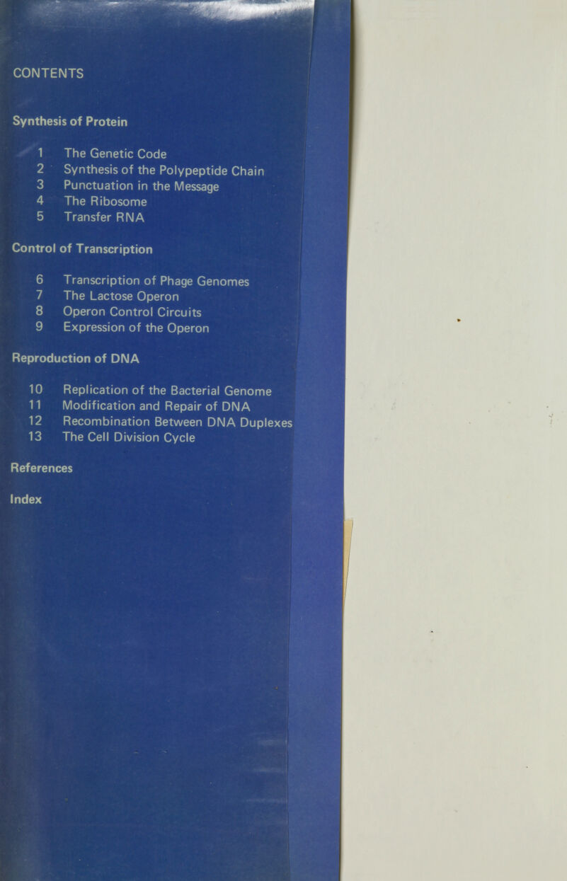 CONTENTS Synthesis of Protein The Genetic Code Synthesis of the Polypeptide Chain Punctuation in the Message The Ribosome Transfer RNA Control of Transcription Transcription of Phage Genomes The Lactose Operon Operon Control Circuits Expression of the Operon Reproduction of DNA Replication of the Bacterial Genome Modification and Repair of DNA Recombination Between DNA Duplexes The Cell Division Cycle References Index