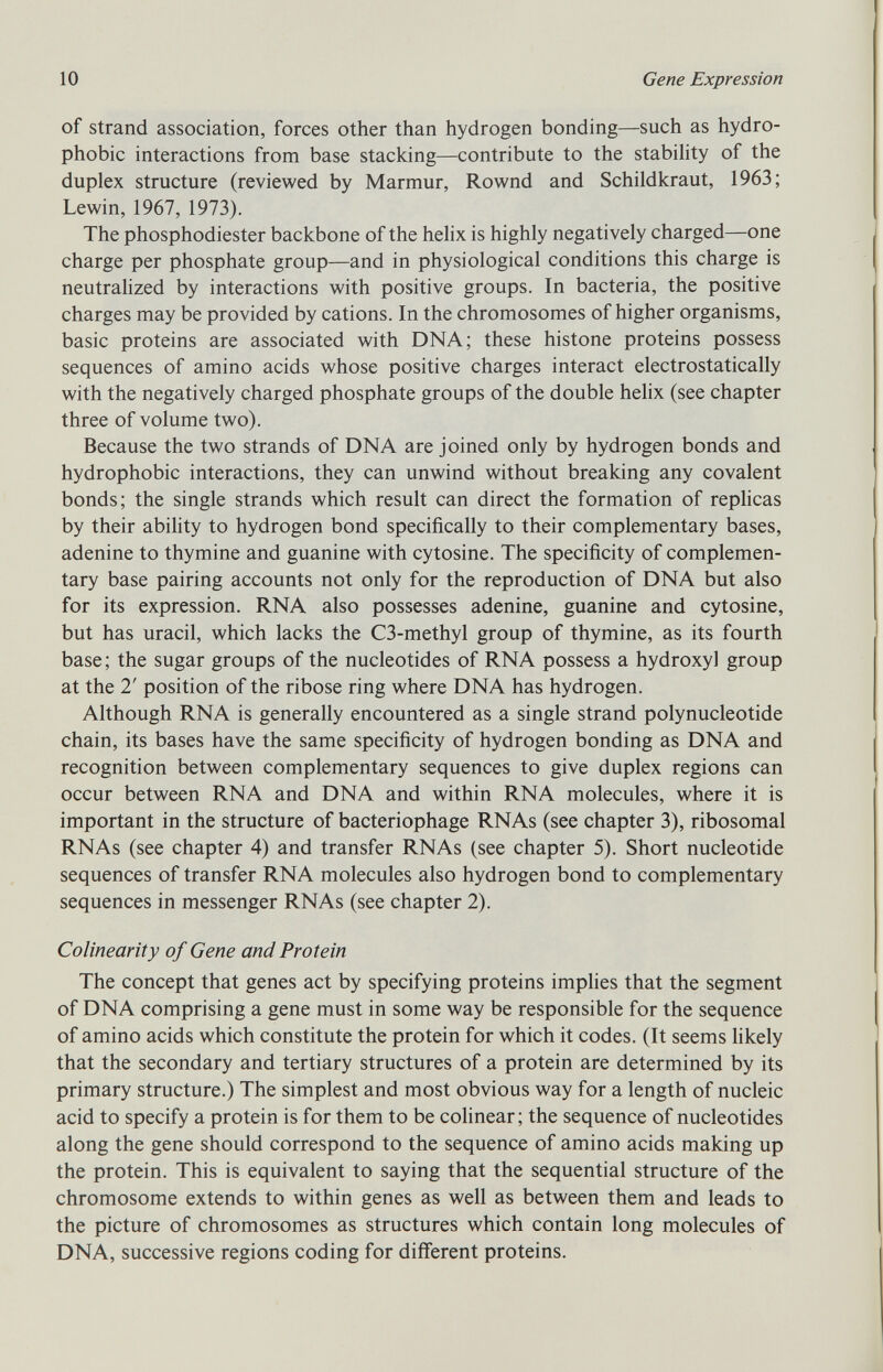 of strand association, forces other than hydrogen bonding—such as hydro phobic interactions from base stacking—contribute to the stability of the duplex structure (reviewed by Marmur, Rownd and Schildkraut, 1963; Lewin, 1967, 1973). The phosphodiester backbone of the helix is highly negatively charged—one charge per phosphate group—and in physiological conditions this charge is neutralized by interactions with positive groups. In bacteria, the positive charges may be provided by cations. In the chromosomes of higher organisms, basic proteins are associated with DNA; these histone proteins possess sequences of amino acids whose positive charges interact electrostatically with the negatively charged phosphate groups of the double helix (see chapter three of volume two). Because the two strands of DNA are joined only by hydrogen bonds and hydrophobic interactions, they can unwind without breaking any covalent bonds; the single strands which result can direct the formation of replicas by their ability to hydrogen bond specifically to their complementary bases, adenine to thymine and guanine with cytosine. The specificity of complemen tary base pairing accounts not only for the reproduction of DNA but also for its expression. RNA also possesses adenine, guanine and cytosine, but has uracil, which lacks the C3-methyl group of thymine, as its fourth base; the sugar groups of the nucleotides of RNA possess a hydroxy] group at the 2' position of the ribose ring where DNA has hydrogen. Although RNA is generally encountered as a single strand polynucleotide chain, its bases have the same specificity of hydrogen bonding as DNA and recognition between complementary sequences to give duplex regions can occur between RNA and DNA and within RNA molecules, where it is important in the structure of bacteriophage RNAs (see chapter 3), ribosomal RNAs (see chapter 4) and transfer RNAs (see chapter 5). Short nucleotide sequences of transfer RNA molecules also hydrogen bond to complementary sequences in messenger RNAs (see chapter 2). Colinearity of Gene and Protein The concept that genes act by specifying proteins implies that the segment of DNA comprising a gene must in some way be responsible for the sequence of amino acids which constitute the protein for which it codes. (It seems likely that the secondary and tertiary structures of a protein are determined by its primary structure.) The simplest and most obvious way for a length of nucleic acid to specify a protein is for them to be colinear; the sequence of nucleotides along the gene should correspond to the sequence of amino acids making up the protein. This is equivalent to saying that the sequential structure of the chromosome extends to within genes as well as between them and leads to the picture of chromosomes as structures which contain long molecules of DNA, successive regions coding for different proteins.