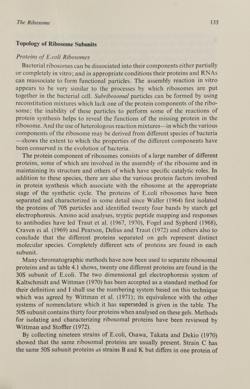 Topology of Ribosome Subunits Proteins of E.coli Ribosomes Bacterial ribosomes can be dissociated into their components either partially or completely in vitro; and in appropriate conditions their proteins and RNAs can reassociate to form functional particles. The assembly reaction in vitro appears to be very similar to the processes by which ribosomes are put together in the bacterial cell. Subribosomal particles can be formed by using reconstitution mixtures which lack one of the protein components of the ribo some; the inability of these particles to perform some of the reactions of protein synthesis helps to reveal the functions of the missing protein in the ribosome. And the use of heterologous reaction mixtures—in which the various components of the ribosome may be derived from different species of bacteria —shows the extent to which the properties of the different components have been conserved in the evolution of bacteria. The protein component of ribosomes consists of a large number of different proteins, some of which are involved in the assembly of the ribosome and in maintaining its structure and others of which have specific catalytic roles. In addition to these species, there are also the various protein factors involved in protein synthesis which associate with the ribosome at the appropriate stage of the synthetic cycle. The proteins of E.coli ribosomes have been separated and characterized in some detail since Waller (1964) first isolated the proteins of 70S particles and identified twenty four bands by starch gel electrophoresis. Amino acid analyses, tryptic peptide mapping and responses to antibodies have led Traut et al. (1967, 1970), Fogel and Sypherd (1968), Craven el al. (1969) and Pearson, Delius and Traut (1972) and others also to conclude that the different proteins separated on gels represent distinct molecular species. Completely different sets of proteins are found in each subunit. Many chromatographic methods have now been used to separate ribosomal proteins and as table 4.1 shows, twenty one different proteins are found in the 30S subunit of E.coli. The two dimensional gel electrophoresis system of Kaltschmidt and Wittman (1970) has been accepted as a standard method for their definition and I shall use the numbering system based on this technique which was agreed by Wittman et al. (1971); its equivalence with the other systems of nomenclature which it has superseded is given in the table. The 50S subunit contains thirty four proteins when analysed on these gels. Methods for isolating and characterizing ribosomal proteins have been reviewed by Wittman and Stoffler (1972). By collecting nineteen strains of E.coli, Osawa, Takata and Dekio (1970) showed that the same ribosomal proteins are usually present. Strain C has the same 50S subunit proteins <¿s strains B and K but differs in one protein of