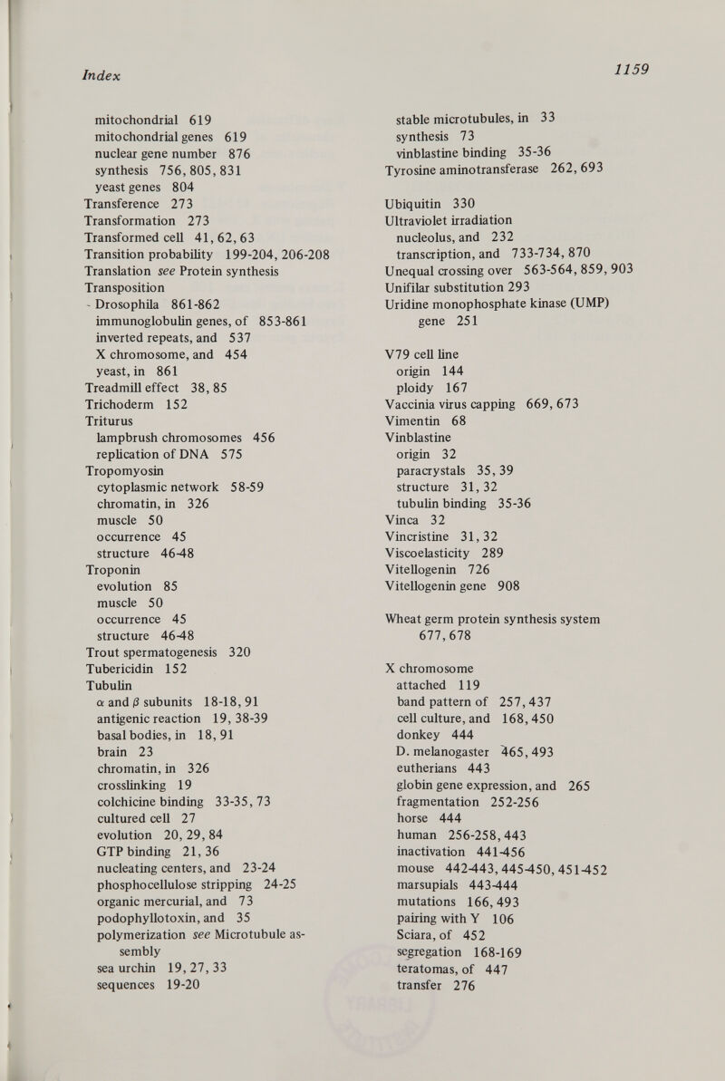 mitochondrial 619 mitochondrial genes 619 nuclear gene number 876 synthesis 756,805,831 yeast genes 804 Transference 273 Transformation 273 Transformed cell 41,62,63 Transition probability 199-204, 206-208 Translation see Protein synthesis Transposition - Drosophila 861-862 immunoglobulin genes, of 853-861 inverted repeats, and 537 X chromosome, and 454 yeast, in 861 Treadmill effect 38, 85 Trichoderm 152 Triturus lampbrush chromosomes 456 replication of DNA 575 Tropomyosin cytoplasmic network 58-59 chromatin, in 326 muscle 50 occurrence 45 structure 4648 Troponin evolution 85 muscle 50 occurrence 45 structure 46-48 Trout spermatogenesis 320 Tubericidin 152 Tubulin a and ß subunits 18-18,91 antigenic reaction 19,38-39 basal bodies, in 18,91 brain 23 chromatin, in 326 crosslinking 19 colchicine binding 33-35,73 cultured cell 27 evolution 20, 29, 84 GTP binding 21,36 nucleating centers, and 23-24 phosphocellulose stripping 24-25 organic mercurial, and 73 podophyllotoxin, and 35 polymerization see Microtubule as sembly sea urchin 19, 27, 33 sequences 19-20 stable microtubules, in 33 synthesis 73 vinblastine binding 35-36 Tyrosine aminotransferase 262,693 Ubiquitin 330 Ultraviolet irradiation nucleolus, and 232 transcription, and 733-734,870 Unequal crossing over 563-564, 859, 903 Unifilar substitution 293 Uridine monophosphate kinase (UMP) gene 251 V79 cell Une origin 144 ploidy 167 Vaccinia virus capping 669,673 Vim en tin 68 Vinblastine origin 32 paracrystals 35,39 structure 31,32 tubulin binding 35-36 Vinca 32 Vincristine 31,32 Viscoelasticity 289 Vitellogenin 726 Vitellogenin gene 908 Wheat germ protein synthesis system 677,678 X chromosome attached 119 band pattern of 257, 437 cell culture, and 168, 450 donkey 444 D. melanogaster 465,493 eutherians 443 globin gene expression, and 265 fragmentation 252-256 horse 444 human 256-258,443 inactivation 441-456 mouse 442443,445450,451452 marsupials 443444 mutations 166,493 pairing with Y 106 Sciara, of 452 segregation 168-169 teratomas, of 447 transfer 276