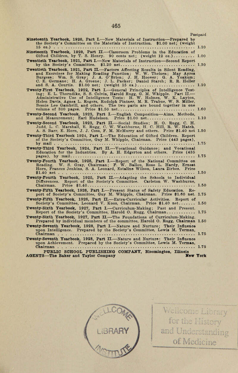 Postpaid Nineteenth Yearbook, 1920, Part I.—New Materials of Instruction— Prepared by the Society’s Committee on the Materials of Instruction. $1.00 net; (weight 15 oz.) 1.10 Nineteenth Yearbook, 1920, Part H. —Classroom Problems in the Education of Gifted Children, by T. S. Henry. 90 cents net; (weight 12 oz.) 1.00 Twentieth Yearbook, 1921, Part I. —New Materials of Instruction—Second Report by the Society’s Committee. $1.20 net 1.30 Twentieth Yearbook, 1921, Part II. —Factors Affecting Results in Silent Reading, and Exercises for Making Reading Function; W. W. Theisen; May Ayres Burgess; Wm. S. Gray; J. A. O’Brien; J. H. Hoover; G. A. Yoakum; C. E. Germane; H. A. Greene; J. L. Packer; Daniel Starch; R. R. Heller and S. A. Courtis. $1.00 net; (weight 15 oz.) 1.10 Twenty-First Yearbook, 1922, Part I. —General Principles of Intelligence Test ing; E. L. Thorndike, S. S. Colvin, Harold Rugg, G. M. Whipple. Part II.— Administrative Use of Intelligence Tests: H. W. Holmes, W. K. Layton, Helen Davis, Agnes L. Rogers, Rudolph Pintner, M. R. Trabue, W. S. Miller, Bessie Lee Gambrill, and others. The two parts are bound together in one volume of 300 pages. Price $1.50 net 1.60 Twenty-Second Yearbook, 1923, Part I. —English Composition—Aims, Methods, and Measurement; Earl Hudelson. Price $1.00 net 1.10 Twenty-Second Yearbook, 1923, Part II.- —-Social Studies; H. O. Rugg, C. H. Judd, L. C. Marshall, E. Rugg, C. W. Washburne, H. C. Hill, R. W. Hatch, A. S. Barr, E. Horn, J. J. Coss, F. M. McMurry and others. Price $1.40 net 1.50 Twenty-Third Yearbook 1924, Part I. —The Education of Gifted Children. Report of the Society’s Committee, Guy M. Whipple, Chairman. Price (443 pages), by mail 1.75 Twenty-Third Yearbook, 1924, Part II. —Vocational Guidance; and Vocational Education for the Industries. By A. H. Edgerton and others. Price (435 pages), by mail 1.75 Twenty-Fourth Yearbook, 1925, Part I. —Report of the National Committee on Reading. W. S. Gray, Chairman; F. W. Ballou, Rose L. Hardy, Ernest Horn, Frances Jenkins, S. A. Leonard, Estaline Wilson, Laura Zirbes. Price $1.40 net 1.50 Twenty-Fourth Yearbook, 1926, Part II. —Adapting the Schools to Individual Differences. Report of the Society’s Committee. Carleton W. Washburne, Chairman. Price $1.40 1.50 Twenty-Fifth Yearbook, 1926, Part I.- —Present Status of Safety Education. Re port of Society’s Committee, Guy M. Whipple, Chairman. Price $1.60 net. 1.75 Twenty-Fifth Yearbook, 1926, Part H. —Extra-Curricular Activities. Report of Society’s Committee, Leonard V. Koos, Chairman. Price $1.40 net 1.50 Twenty-Sixth Yearbook, 1927, Part I. —Curriculum-Making; Past and Present. Report of the Society’s Committee, Harold O. Rugg, Chairman 1.75 Twenty-Sixth Yearbook, 1927, Part II. —The Foundations of Curriculum-Making. Prepared by individual members of the committee, Harold O. Rugg, Chairman 1.50 Twenty-Seventh Yearbook, 1928, Part I.—Nature and Nurture; Their Influence upon Intelligence. Prepared by the Society’s Committee, Lewis M. Terman, Chairman 1.75 Twenty-Seventh Yearbook, 1928, Part II. —Nature and Nurture: Their Influence upon Achievement. Prepared by the Society’s Committee, Lewis M. Terman, Chairman 1.75 PUBLIC SCHOOL PUBLISHING COMPANY, Bloomington, Illinois AGENTS—The Baker and Taylor Company New York