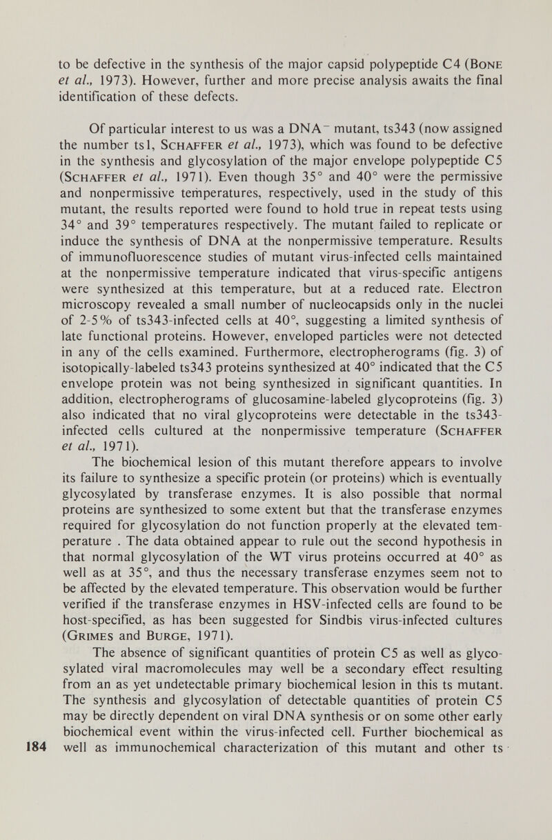 to be defective in the synthesis of the major capsid polypeptide C4 (Bone et al., 1973). However, further and more precise analysis awaits the final identification of these defects. Of particular interest to us was a DNA~ mutant, ts343 (now assigned the number tsl, Schaffer et al, 1973), which was found to be defective in the synthesis and glycosylation of the major envelope polypeptide С 5 (Schaffer et al., 1971). Even though 35° and 40° were the permissive and nonpermissive temperatures, respectively, used in the study of this mutant, the results reported were found to hold true in repeat tests using 34° and 39° temperatures respectively. The mutant failed to replicate or induce the synthesis of DNA at the nonpermissive temperature. Results of immunofiuorescence studies of mutant virus-infected cells maintained at the nonpermissive temperature indicated that virus-specific antigens were synthesized at this temperature, but at a reduced rate. Electron microscopy revealed a small number of nucleocapsids only in the nuclei of 2-5% of ts343-infected cells at 40°, suggesting a limited synthesis of late functional proteins. However, enveloped particles were not detected in any of the cells examined. Furthermore, electropherograms (fig. 3) of isotopically-labeled ts343 proteins synthesized at 40° indicated that the С5 envelope protein was not being synthesized in significant quantities. In addition, electropherograms of glucosamine-labeled glycoproteins (fig. 3) also indicated that no viral glycoproteins were detectable in the ts343- infected cells cultured at the nonpermissive temperature (Schaffer et al, 1971). The biochemical lesion of this mutant therefore appears to involve its failure to synthesize a specific protein (or proteins) which is eventually glycosylated by transferase enzymes. It is also possible that normal proteins are synthesized to some extent but that the transferase enzymes required for glycosylation do not function properly at the elevated tem¬ perature . The data obtained appear to rule out the second hypothesis in that normal glycosylation of the WT virus proteins occurred at 40° as well as at 35°, and thus the necessary transferase enzymes seem not to be affected by the elevated temperature. This observation would be further verified if the transferase enzymes in HSV-infected cells are found to be host-specified, as has been suggested for Sindbis virus-infected cultures (Grimes and Bürge, 1971). The absence of significant quantities of protein C5 as well as glyco¬ sylated viral macromolecules may well be a secondary effect resulting from an as yet undetectable primary biochemical lesion in this ts mutant. The synthesis and glycosylation of detectable quantities of protein С 5 may be directly dependent on viral DNA synthesis or on some other early biochemical event within the virus-infected cell. Further biochemical as well as immunochemical characterization of this mutant and other ts