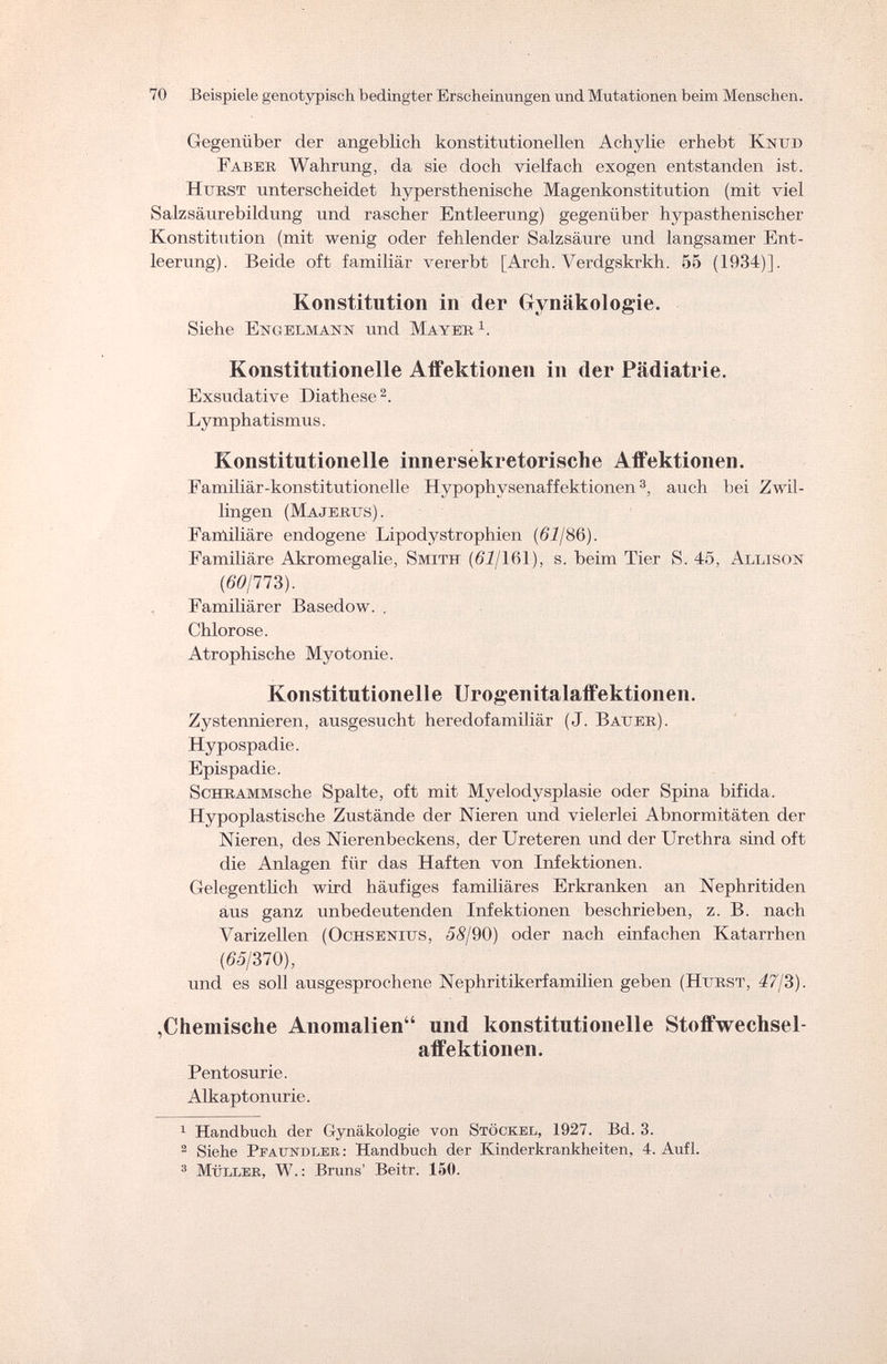70 Beispiele genotypisch bedingter Erscheinungen und Mutationen beim Menschen. Gegenüber der angeblich konstitutionellen Achylie erhebt Knud Faber Wahrung, da sie doch vielfach exogen entstanden ist. Hurst unterscheidet hypersthenische Magenkonstitution (mit viel Salzsäurebildung und rascher Entleerung) gegenüber hypasthenischer Konstitution (mit wenig oder fehlender Salzsäure und langsamer Ent¬ leerung). Beide oft familiär vererbt [Arch. Verdgskrkh. 55 (1934)]. Konstitution in der Gynäkologie. Siehe Engelmann und Mayer1. Konstitutionelle Affektionen in der Pädiatrie. Exsudative Diathese2. Lymphatismus. Konstitutionelle innersekretorische Affektionen. Familiär-konstitutionelle Hypophysenaffektionen3, auch bei Zwil¬ lingen (Majerus). Familiäre endogene Lipodystrophien (61/86). Familiäre Akromegalie, Smith (6*7/161), s. beim Tier S. 45, Allison (60/773). Familiärer Basedow. , Chlorose. Atrophische Myotonie. Konstitutionelle Urogenitalaffektionen. Zystennieren, ausgesucht heredofamiliär (J. Bauer). Hypospadie. Epispadie. ScHRAMMsche Spalte, oft mit Myelodysplasie oder Spina bifida. Hypoplastische Zustände der Nieren und vielerlei Abnormitäten der Nieren, des Nierenbeckens, der Ureteren und der Urethra sind oft die Anlagen für das Haften von Infektionen. Gelegentlich wird häufiges familiäres Erkranken an Nephritiden aus ganz unbedeutenden Infektionen beschrieben, z. B. nach Varizellen (Ochsenius, 58/90) oder nach einfachen Katarrhen (65/370), und es soll ausgesprochene Nephritikerfamilien geben (Hurst, 47¡3). ,Chemische Anomalien und konstitutionelle Stoffwechsel¬ affektionen. Pentosurie. Alkaptonurie. 1 Handbuch der Gynäkologie von Stöckel, 1927. Bd. 3. 2 Siehe Pfaundler: Handbuch der Kinderkrankheiten, 4. Aufl. 3 Müller, W.: Bruns' Beitr. 150.