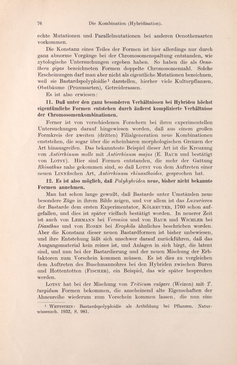 76 Die Kombination (Hybridisation). echte Mutationen und Parallelmutationen bei anderen Oenotheraarten vorkommen. Die Konstanz eines Teiles der Formen ist hier allerdings nur durch ganz abnorme Vorgänge bei der Chromosomenspaltung entstanden, wie zytologische Untersuchungen ergeben haben. So haben die als Oeno¬ thera gigas bezeichneten Formen doppelte Chromosomenzahl. Solche Erscheinungen darf man aber nicht als eigentliche Mutationen bezeichnen, weil sie Bastardspolyploidie1 darstellen, hierher viele Kulturpflanzen, Obstbäume (Prunusarten), Getreiderassen. Es ist also erwiesen: 11. Daß unter den ganz besonderen Verhältnissen bei Hybriden höchst eigentümliche Formen entstehen durch äußerst komplizierte Verhältnisse der Chromosomenkombinationen. Ferner ist von verschiedenen Forschern bei ihren experimentellen Untersuchungen darauf hingewiesen worden, daß aus einem großen Formkreis der zweiten (dritten) Filialgeneration neue Kombinationen enststehen, die sogar über die scheinbaren morphologischen Grenzen der Art hinausgreifen. Das bekannteste Beispiel dieser Art ist die Kreuzung von Antirrhinum molle mit Antirrhinum majus (E. Baur und bestätigt von Lotsy). Hier sind Formen entstanden, die mehr der Gattung Rhinathus nahe gekommen sind, so daß Lotsy von dem Auftreten einer neuen LiNNÉschen Art, Antirrhinum rhinanthoides, gesprochen hat. 12. Es ist also möglich, daß Polyhybriden neue, bisher nicht bekannte Formen annehmen. Man hat schon lange gewußt, daß Bastarde unter Umständen neue besondere Züge in ihrem Bilde zeigen, und vor allem ist das Luxurieren der Bastarde dem ersten Experimentator, Kölreuter, 1760 schon auf¬ gefallen, und dies ist später vielfach bestätigt worden. In neuerer Zeit ist auch von Lehmann bei Veronica und von Batir und Wickler bei Dianthus und von Rosen bei Erophila ähnliches beschrieben worden. Aber die Konstanz dieser neuen Bastardformen ist bisher unbewiesen, und ihre Entstehung läßt sich unschwer darauf zurückführen, daß das Ausgangsmaterial kein reines ist, und Anlagen in sich birgt, die latent sind, und nun bei der Bastardierung und der neuen Mischung der Erb¬ faktoren zum Vorschein kommen müssen. Es ist dies zu vergleichen dem Auftreten des Buschmannohres bei den Hybriden zwischen Buren und Hottentotten (Fischer), ein Beispiel, das wir später besprechen werden. Lotsy hat bei der Mischung von Triticum vulgare (Weizen) mit T. turgidum Formen bekommen, die anscheinend alte Eigenschaften der Ahnenreihe wiederum zum Vorschein kommen lassen, die nun eine 1 Wettstein: Bastardspolyploidie als Artbildung bei Pflanzen. Natur¬ wissensch. 1932, S. 981.