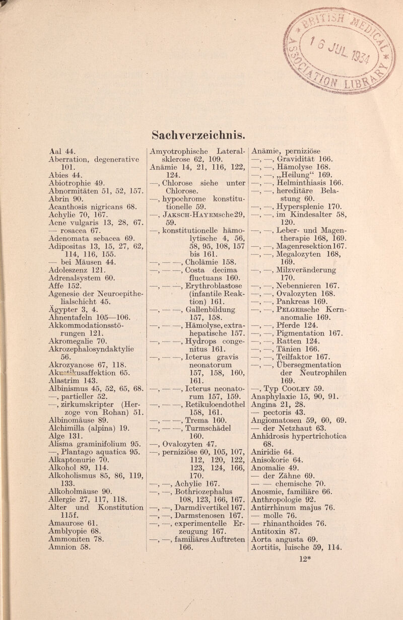 Sachverzeichnis. Aal 44. Aberration, degenerative 101. Abies 44. Abiotrophie 49. Abnormitäten 51, 52, 157. Abrin 90. Acanthosis nigricans 68. Achylie 70, 167. Acne vulgaris 13, 28, 67. —- rosacea 67. Adenomata sebacea 69. Adipositas 13, 15, 27, 62, 114, 116, 155. — bei Mäusen 44. Adoleszenz 121. Adrenalsystem 60. Affe 152. Agenesie der Neuroepithe- lialschicht 45. Ägypter 3, 4. Ahnentafeln 105—106. Akkommodationsstö - r ungen 121. Akromegalie 70. Akrozephalosyndaktylie 56. Akrozyanose 67, 118. Akii7+;4usaffektion 65. Alastrim 143. Albinismus 45, 52, 65, 68. —, partieller 52. —, zirkumskripter (Her¬ zoge von Rohan) 51. Albinomäuse 89. Alchimilla (alpina) 19. Alge 131. Alisma graminifolium 95. —, Plantago aquatica 95. Alkaptonuria 70. Alkohol 89, 114. Alkoholismus 85, 86, 119, 133. Alkoholmäuse 90. Allergie 27, 117, 118. Alter und Konstitution 115f. Amaurose 61. Amblyopie 68. Ammoniten 78. Amnion 58. Amyotrophische Lateral¬ sklerose 62, 109. Anämie 14, 21, 116, 122, 124. —, Chlorose siehe unter Chlorose. —, hypochrome konstitu¬ tionelle 59. —, jAKSCH-HAYEMsche29, 59. —, konstitutionelle hämo¬ lytische 4, 56, 58, 95, 108, 157 bis 161. :—, , Cholämie 158. —, , Costa decima fluctuans 160. —, -, Erythroblastose (infantile Reak¬ tion) 161. —, , Gallenbildung 157, 158. —, , Hämolyse, extra¬ hepatische 157. —, , Hydrops conge- nitus 161. —, — , Icterus gravis neonatorum 157, 158, 160, 161. —, , Icterus neonato¬ rum 157, 159. —, , Retikuloendothel 158, 161. —, , Trema 160. —, , Turmschädel 160. —, Ovalozyten 47. —, perniziöse 60, 105, 107, 112, 120, 122, 123, 124, 166, 170. —, —, Achylie 167. —, —, Bothriozephalus 108, 123, 166, 167. —, —, Darmdivertikel 167. —, —, Darmstenosen 167. —, —, experimentelle Er¬ zeugung 167. —, —, familiäres Auftreten 166. Anämie, perniziöse —, —, Gravidität 166. —, —, Hämolyse 168. —,—.„Heilung 169. —, —, Helminthiasis 166. —, —, hereditäre Bela¬ stung 60. —, —, Hypersplenie 170. —, —, im Kindesalter 58, 120. —, —, Leber- und Magen¬ therapie 168, 169. —, —, Magenresektion 167. —, —, Megalozyten 168, 169. —, —, Milzveränderung 170. —, —, Nebennieren 167. —, —, Ovalozyten 168. —, —, Pankreas 169. —, —, PELGEBsche Kern¬ anomalie 169. —, —, Pferde 124. —, —, Pigmentation 167. —, —, Ratten 124. —, —, Tänien 166. —, —, Teilfaktor 167. —, —, Übersegmentation der Neu trop hilen 169. —, Typ Coole y 59. Anaphylaxie 15, 90, 91. Angina 21, 28. — pectoris 43. Angiomatosen 59, 60, 69. ■— der Netzhaut 63. Anhidrosis hypertrichotica 68. Aniridie 64. Anisokorie 64. Anomalie 49. — der Zähne 69. chemische 70. Anosmie, familiäre 66. Anthropologie 92. Antirrhinum ma jus 76. — molle 76. — rhinanthoides 76. Antitoxin 87. Aorta angusta 69. Aortitis, luische 59, 114. 12*