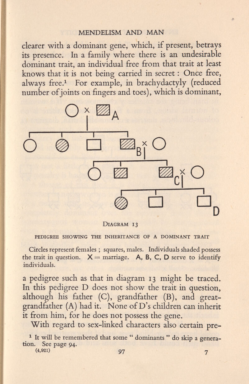 clearer with a dominant gene, which, if present, betrays its presence. In a family where there is an undesirable dominant trait, an individual free from that trait at least knows that it is not being carried in secret : Once free, always free. 1 For example, in brachydactyly (reduced number of joints on fingers and toes), which is dominant, 0;i A Diagram 13 PEDIGREE SHOWING THE INHERITANCE OF A DOMINANT TRAIT Circles represent females ; squares, males. Individuals shaded possess the trait in question. X = marriage. A, B, C, D serve to identify individuals. a pedigree such as that in diagram 13 might be traced. In this pedigree D does not show the trait in question, although his father (C), grandfather (B), and great grandfather (A) had it. None of D’s children can inherit it from him, for he does not possess the gene. With regard to sex-linked characters also certain pre- 1 It will be remembered that some “ dominants tion. See page 94. (4,921) do skip a genera- 97 7