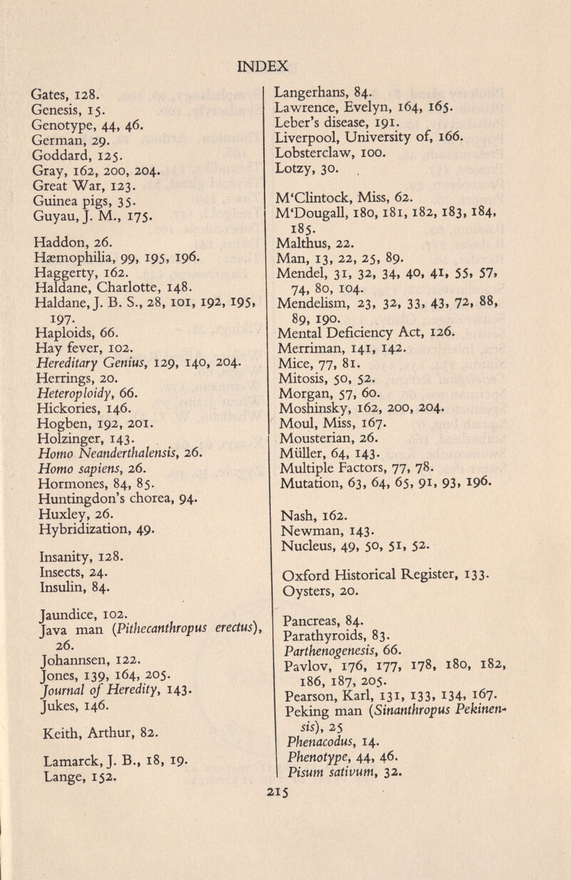 INDEX Gates, 128. Genesis, 15. Genotype, 44, 46. German, 29. Goddard, 125. Gray, 162, 200, 204. Great War, 123. Guinea pigs, 35. Guyau, J. ML, 175. Haddon, 26. Haemophilia, 99, 195, 196. Haggerty, 162. Haldane, Charlotte, 148. Haldane, J. B. S., 28, 101, 192, 195, 197. Haploids, 66. Hay fever, 102. Hereditary Genius, 129, 140, 204. Herrings, 20. Heteroploidy, 66. Hickories, 146. Hogben, 192, 201. Holzinger, 143. Homo Neanderthalensis, 26. Homo sapiens, 26. Hormones, 84, 85. Huntingdon’s chorea, 94. Huxley, 26. Hybridization, 49. Insanity, 128. Insects, 24. Insulin, 84. Jaundice, 102. Java man ( Pithecanthropus erectus), 26. Johannsen, 122. Jones, 139, 164, 205. Journal oj' Heredity, 143. Jukes, 146. Keith, Arthur, 82. Lamarck, J. B., 18, 19. Lange, 152. Langerhans, 84. Lawrence, Evelyn, 164, 165. Leber’s disease, 191. Liverpool, University of, 166. Lobsterclaw, 100. Lotzy, 30. M'Clintock, Miss, 62. M'Dougall, 180,181, 182,183, 184, 185. Malthus, 22. Man, 13, 22, 25, 89. Mendel, 31, 32, 34, 40, 41, 55, 57 » 74, 80, 104. Mendelism, 23, 32, 33, 43, 72, 88, 89, 190. Mental Deficiency Act, 126. Merriman, 141, 142. Mice, 77, 81. Mitosis, 50, 52. Morgan, 57, 60. Moshinsky, 162, 200, 204. Moul, Miss, 167. Mousterian, 26. Müller, 64, 143. Multiple Factors, 77, 78. Mutation, 63, 64, 65, 91, 93, 196. Nash, 162. Newman, 143. Nucleus, 49, 50, 51, 52. Oxford Historical Register, 133. Oysters, 20. Pancreas, 84. Parathyroids, 83. Parthenogenesis, 66. Pavlov, 176, 177, 178, 180, 182, 186, 187, 205. Pearson, Karl, 131, 133, 134, 167. Peking man ( Sinanthropus Pekinen- sis), 25 Phenacodus, 14. Phenotype, 44, 46. Pisutn sativum, 32. 215