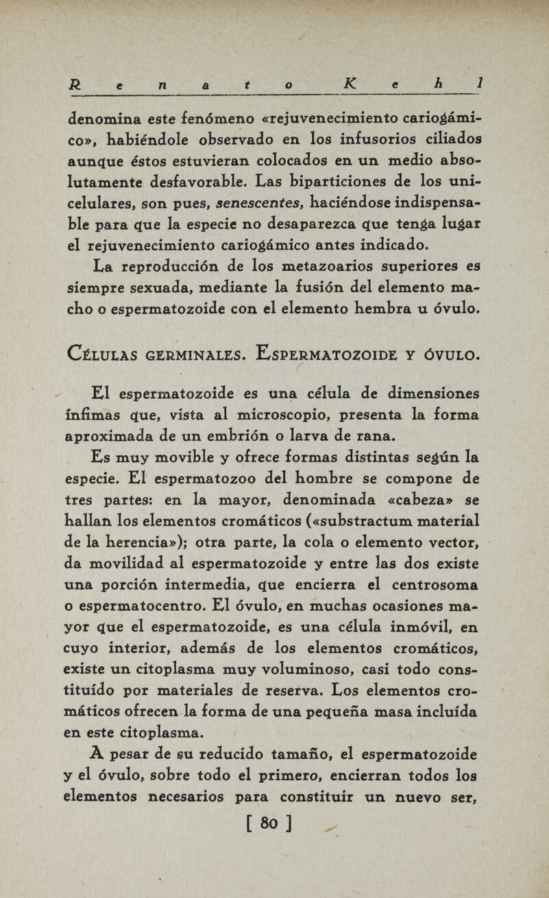Renato Kehl denomina este fenòmeno «rejuvenecimiento carioéámi- co», Kabiéndole observado en los infusorios ciliados aunciue éstos estuvieran colocados en un medio abso¬ lutamente desfavorable. Las biparticiones de los uni¬ celulares, son pues, senescentes, haciéndose indispensa¬ ble para que la especie no desaparezca c(ue tenéa lu^ar el rejuvenecimiento carioéamico antes indicado. La reproducción de los metazoarios superiores es siempre sexuada, mediante la fusión del elemento ma¬ cho o espermatozoide con el elemento hembra u óvulo. Células germinales. Espermatozoide y óvulo. El espermatozoide es una célula de dimensiones ínfimas c[ue, vista al microscopio, presenta la forma aproximada de un embrión o larva de rana. Es muy movible y ofrece formas distintas se^ún la especie. El espermatozoo del hombre se compone de tres partes: en la mayor, denominada «cabeza» se hallan los elementos cromáticos («substractum material de la herencia»); otra parte, la cola o elemento vector, da movilidad al espermatozoide y entre las dos existe una porción intermedia, que encierra el centrosoma o espermatocentro. El óvulo, en muchas ocasiones ma¬ yor que el espermatozoide, es una célula inmóvil, en cuyo interior, además de los elementos cromáticos, existe un citoplasma muy voluminoso, casi todo cons¬ tituido por materiales de reserva. Los elementos cro¬ máticos ofrecen la forma de una pequeña masa incluida en este citoplasma. A pesar de su reducido tamaño, el espermatozoide y el óvulo, sobre todo el primero, encierran todos los elementos necesarios para constituir un nuevo ser, [80]