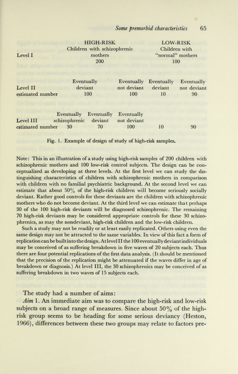 Some premorbid characteristics 65 HIGH-RISK LOW-RISK Children with normal mothers 100 Level I Children with schizophrenic mothers 200 Level II estimated number Eventually deviant 100 Eventually Eventually not deviant deviant 100 10 Eventually not deviant 90 Eventually Eventually Eventually Level III schizophrenic deviant not deviant estimated number 30 70 100 70 100 10 90 Fig. 1. Example of design of study of high-risk samples. Note: This in an illustration of a study using high-risk samples of 200 children with schizophrenic mothers and 100 low-risk control subjects. The design can be con¬ ceptualized as developing at three levels. At the first level we can study the dis¬ tinguishing characteristics of children with schizophrenic mothers in comparison with children with no familial psychiatric background. At the second level we can estimate that about 50% of the high-risk children will become seriously socially deviant. Rather good controls for these deviants are the children with schizophrenic mothers who do not become deviant. At the third level we can estimate that perhaps 30 of the 100 high-risk deviants will be diagnosed schizophrenic. The remaining 70 high-risk deviants may be considered appropriate controls for these 30 schizo¬ phrenics, as may the nondeviant, high-risk children and the low-risk children. Such a study may not be readily or at least easily replicated. Others using even the same design may not be attracted to the same variables. In view of this fact a form of replication can be built into the design. At level 11 the 100 eventually deviant individuals may be conceived of as suffering breakdown in five waves of 20 subjects each. Thus there are four potential replications of the first data analysis. (It should be mentioned that the precision of the replication might be attenuated if the waves differ in age of breakdown or diagnosis.) At level III, the 30 schizophrenics may be conceived of as suffering breakdown in two waves of 15 subjects each. The Study had a number of aims : Aim 1. An immediate aim was to compare the high-risk and low-risk subjects on a broad range of measures. Since about 50% of the high- risk group seems to be heading for some serious deviancy (Heston, 1966), differences between these two groups may relate to factors pre-