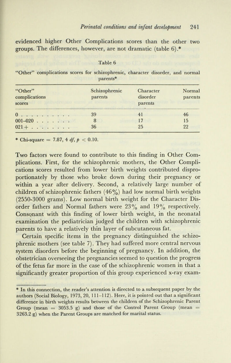 Perinatal conditions and infant development 241 evidenced higher Other Complications scores than the other two groups. The differences, however, are not dramatic (table 6).* -Table 6 Other complications scores for schizophrenic, character disorder, and normal parents* Other Schizophrenic Character Normal complications parents disorder parents scores parents *  0  39 41 46 001-020  8 17 15 021+ 36 25 22 * Chi-square = 7.87, \ df, p < 0.10. Two factors were found to contribute to this finding in Other Com¬ plications. First, for the schizophrenic mothers, the Other Compli¬ cations scores resulted from lower birth weights contributed dispro¬ portionately by those who broke down during their pregnancy or within a year after delivery. Second, a relatively large number of children of schizophrenic fathers (46%) had low normal birth weights (2550-3000 grams). Low normal birth weight for the Character Dis¬ order fathers and Normal fathers were 23% and 19% respectively. Consonant with this finding of lower birth weight, in the neonatal examination the pediatrician judged the children with schizophrenic parents to have a relatively thin layer of subcutaneous fat. Certain specific items in the pregnancy distinguished the schizo¬ phrenic mothers (see table 7). They had suffered more central nervous system disorders before the beginning of pregnancy. In addition, the obstetrician overseeing the pregnancies seemed to question the progress of the fetus far more in the case of the schizophrenic women in that a significantly greater proportion of this group experienced x-ray exam- * In this connection, the reader's attention is directed to a subsequent paper by the authors (Social Biology, 1973, 20, 111-112). Here, it is pointed out that a significant difference in birth weights results between the children of the Schizophrenic Parent Group (mean = 3053.5 g) and those of the Control Parent Group (mean = 3263.2 g) when the Parent Groups are matched for marital status.