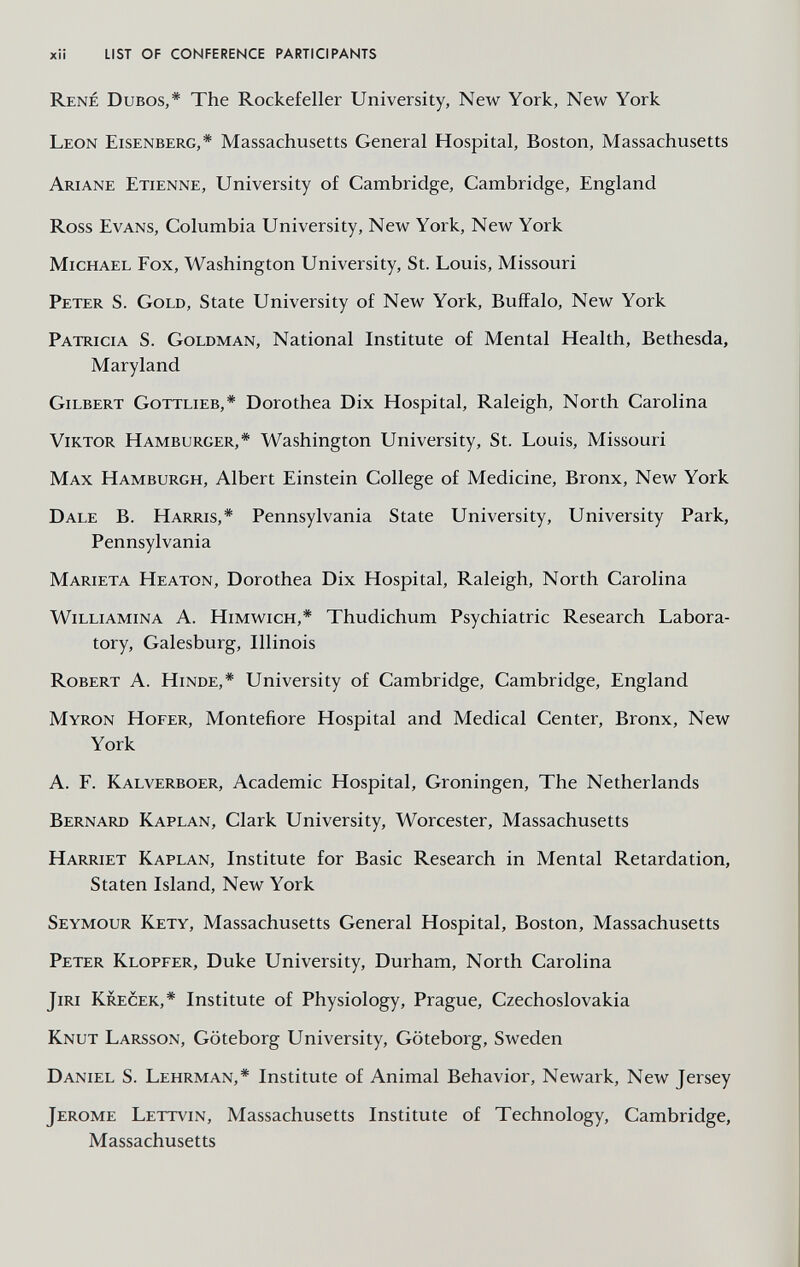 xii LIST OF CONFERENCE PARTICIPANTS René Dubos,* The Rockefeller University, New York, New York Leon Eisenberg,* Massachusetts General Hospital, Boston, Massachusetts Ariane Etienne, University of Cambridge, Cambridge, England Ross Evans, Columbia University, New York, New York Michael Fox, Washington University, St. Louis, Missouri Peter S. Gold, State University of New York, Buffalo, New York Patricia S. Goldman, National Institute of Mental Health, Bethesda, Maryland Gilbert Gottlieb,* Dorothea Dix Hospital, Raleigh, North Carolina Viktor Hamburger,* Washington University, St. Louis, Missouri Max Hamburgh, Albert Einstein College of Medicine, Bronx, New York Dale B. Harris,* Pennsylvania State University, University Park, Pennsylvania Marieta Heaton, Dorothea Dix Hospital, Raleigh, North Carolina Williamina A. Himwich,* Thudichum Psychiatric Research Labora¬ tory, Galesburg, Illinois Robert A. Hinde,* University of Cambridge, Cambridge, England Myron Hofer, Montefiore Hospital and Medical Center, Bronx, New York A. F. Kalverboer, Academic Hospital, Groningen, The Netherlands Bernard Kaplan, Clark University, Worcester, Massachusetts Harriet Kaplan, Institute for Basic Research in Mental Retardation, Staten Island, New York Seymour Kety, Massachusetts General Hospital, Boston, Massachusetts Peter Klopfer, Duke University, Durham, North Carolina JiRi Krecek,* Institute of Physiology, Prague, Czechoslovakia Knut Larsson, Göteborg University, Göteborg, Sweden Daniel S. Lehrman,* Institute of Animal Behavior, Newark, New Jersey Jerome Lettvin, Massachusetts Institute of Technology, Cambridge, Massachusetts