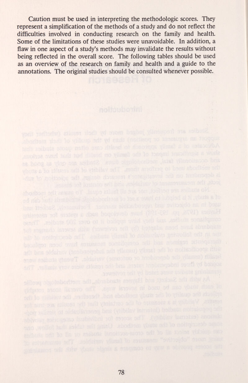 Caution must be used in interpreting the méthodologie scores. They represent a simplification of the methods of a study and do not reflect the difficulties involved in conducting research on the family and health. Some of the limitations of these studies were unavoidable. In addition, a flaw in one aspect of a study's methods may invalidate the results without being reflected in the overall score. The following tables should be used as an overview of the research on family and health and a guide to the annotations. The original studies should be consulted whenever possible. ii' h: M. V : 'îîtv'iï'; : J ''!ì ■; < i' . íJ ^ ЧЬ 78