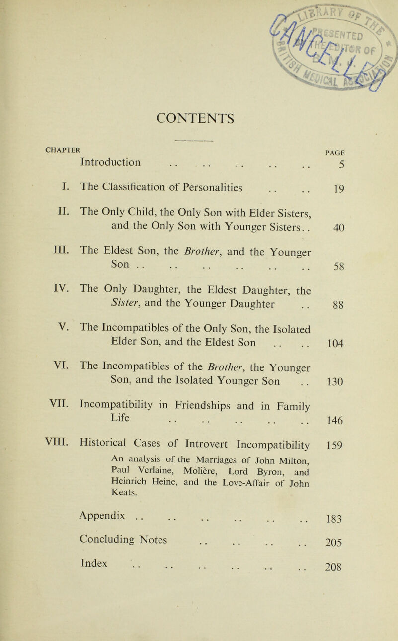 CONTENTS CHAP! ER Introduction .. .. I. The Classification of Personalities II. The Only Child, the Only Son with Elder Sisters, and the Only Son with Younger Sisters.. III. The Eldest Son, the Brother, and the Younger Son .. IV. The Only Daughter, the Eldest Daughter, the Sister, and the Younger Daughter V. The Incompatibles of the Only Son, the Isolated Elder Son, and the Eldest Son VI. The Incompatibles of the Brother, the Younger Son, and the Isolated Younger Son VII. Incompatibility in Friendships and in Family Life VIII. Historical Cases of Introvert Incompatibility An analysis of the Marriages of John Milton, Paul Verlaine, Molière, Lord Byron, and Heinrich Heine, and the Love-Affair of John Keats. Appendix .. Concluding Notes Index 