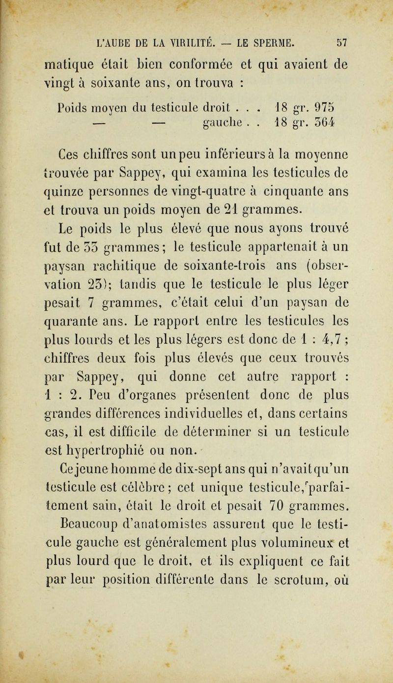 L'AUBE DE LA VIRILITÉ. — LE SPERME. 57 matique était bien conformée et qui avaient de vingt à soixante ans, on trouva ; Poids moyen du testicule droit ... 18 gr. 975 — — gauclie . . 18 gr. 364 Ces chiffres sont un peu inférieurs à la moyenne trouvée par Sappey, qui examina les testicules de quinze personnes de vingt-quatre à cinquante ans et trouva un poids moyen de 21 grammes. Le poids le plus élevé que nous ayons trouvé fut de 53 grammes; le testicule appartenait à un paysan rachitique de soixante-trois ans (obser¬ vation 23); tandis que le testicule le plus léger pesait 7 grammes, c'était celui d'un paysan de quarante ans. Le rapport entre les testicules les plus lourds et les plus légers est donc de 1 : 4,7 ; chiffres deux fois plus élevés que ceux trouvés par Sappey, qui donne cet autre rapport : 1:2. Peu d'organes présentent donc de plus grandes différences individuelles et, dans certains cas, il est difficile de déterminer si un testicule est hypertrophié ou non. Ce jeune homme de dix-sept ans qui n'avaitqu'un testicule est célèbre ; cet unique testicule,'parfai¬ tement sain, était le droit et pesait 70 grammes. Beaucoup d'ariatomistes assurent que le testi¬ cule gauche est généralement plus volumineux: et plus lourd que le droit, et ils expliquent ce fait par leur position différente dans le scrotum, où