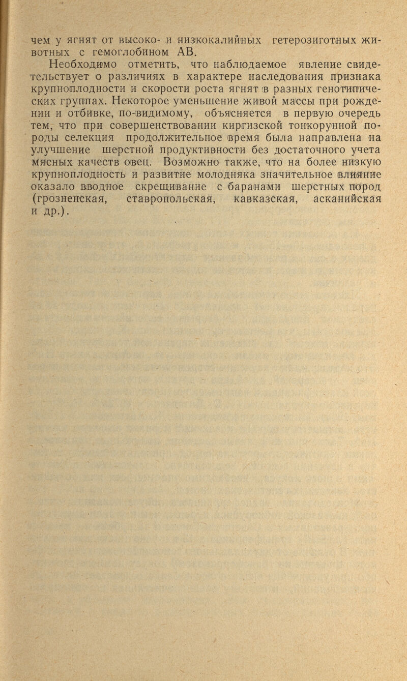 чем y ягнят от высоко- и низкокалийных гетерозиготных жи¬ вотных с гемоглобином AB, Необходимо отметить, что наблюдаемое явление свиде¬ тельствует о различиях в характере наследования признака крупноплодности и скорости роста ягнят 'В разных генотиниче- ских группах. Некоторое уменьшение живой массы при рожде¬ нии и отбивке, по-'видимому, объясняется в пер'вую очередь тем, что при совершенствовании киргизской тонкорунной по¬ роды селекция продолжительное время была направлена на улучшение шерстной продуктивности без достаточного учета мясных качеств овец. Возможно также, что на более низкую крупноплодность и развитие молодняка значительное влияние оказало вводное скрещивание с баранами шерстных пород (грозненская, ставропольская, кавказская, асканийская и др.).