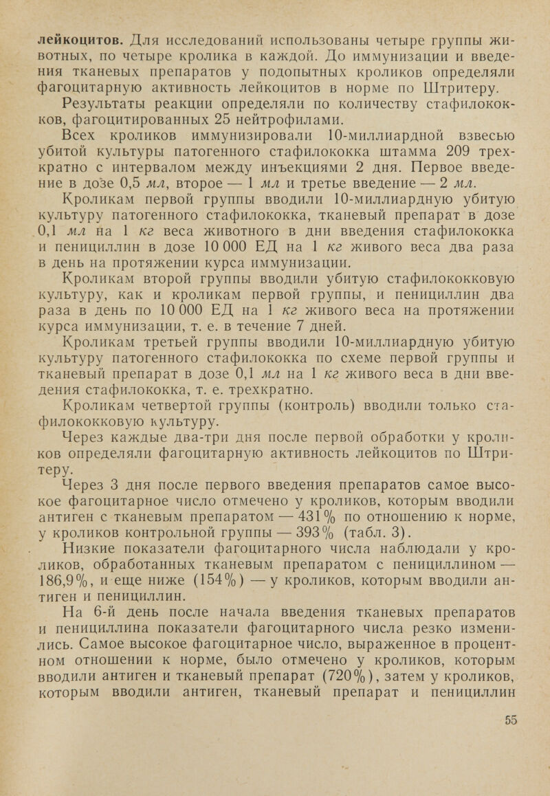 лейкоцитов. Для исследований использованы четыре группы жи¬ вотных, по четыре кролика в каждой. До иммунизации и введе¬ ния тканевых препаратов у подопытных кроликов определяли фагоцитарную активность лейкоцитов в норме по Штритеру. Результаты реакции определяли по количеству стафилокок¬ ков, фагоцитированных 25 нейтрофилами. Всех кроликов иммунизировали 10-миллиардной взвесью убитой культуры патогенного стафилококка штамма 209 трех¬ кратно с интервалом между инъекциями 2 дня. Первое введе¬ ние в дозе 0,5 мл, второе — 1 жл и третье введение — 2 мл. Кроликам первой группы вводили 10-миллиардную убитую культуру патогенного стафилококка, тканевый препарат в дозе 0,1 мл на 1 кг веса животного в дни введения стафилококка и пенициллин в дозе 10 000 ЕД на 1 кг живого веса два раза в день на протяжении курса иммунизации. Кроликам второй группы вводили убитую стафилококковую культуру, как и кроликам первой группы, и пенициллин два раза в день по 10 000 ЕД на 1 кг живого веса на протяжении курса иммунизации, т. е. в течение 7 дней. Кроликам третьей группы вводили 10-миллиардную убитую культуру патогенного стафилококка по схеме первой группы и тканевый препарат в дозе 0,1 мл на 1 кг живого веса в дни вве¬ дения стафилококка, т. е. трехкратно. Кроликам четвертой группы (контроль) вводили только ста¬ филококковую культуру. Через каждые два-три дня после первой обработки у кроли¬ ков определяли фагоцитарную активность лейкоцитов по Штри¬ теру. Через 3 дня после первого введения препаратов самое высо¬ кое фагоцитарное число отмечено у кроликов, которым вводили антиген с тканевым препаратом — 431% по отношению к норме, у кроликов контрольной группы — 393% (табл. 3). Низкие показатели фагоцитарного числа наблюдали у кро¬ ликов, обработанных тканевым препаратом с пенициллином — 186,9%, и еще ниже (154%) —у кроликов, которым вводили ан¬ тиген и пенициллин. На 6-й день после начала введения тканевых препаратов и пенициллина показатели фагоцитарного числа резко измени¬ лись. Самое высокое фагоцитарное число, выраженное в процент¬ ном отношении к норме, было отмечено у кроликов, которым вводили антиген и тканевый препарат (720%), затем у кроликов, которым вводили антиген, тканевый препарат и пенициллин 55
