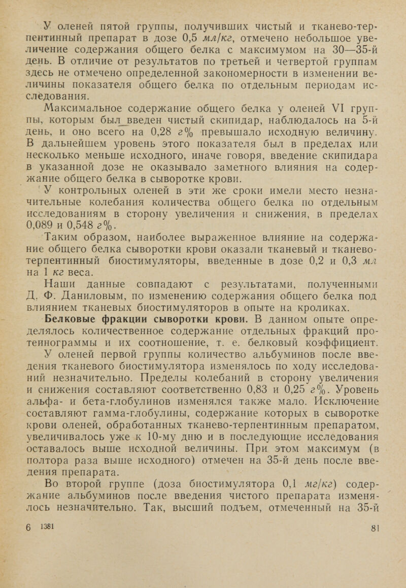 y оленей пятой группы, получивших чистый и тканево-тер- пентинный препарат в дозе 0,5 мл1кг, отмечено небольшое уве¬ личение содержания обш.его белка с максимумом на 30—35-й день. В отличие от результатов по третьей и четвертой группам здесь не отмечено определенной закономерности в изменении ве¬ личины показателя общего белка по отдельным периодам ис¬ следования. Максимальное содержание обш,его белка у оленей VI груп¬ пы, которым был_введен чистый скипидар, наблюдалось на 5-й день, и оно всего на 0,28 г% превышало исходную величину. В дальнейшем уровень этого показателя был в пределах или несколько меньше исходного, иначе говоря, введение скипидара в указанной дозе не оказывало заметного влияния на содер¬ жание общего белка в сыворотке крови. ' У контрольных оленей в эти же сроки имели место незна¬ чительные колебания количества общего белка по отдельным исследованиям в сторону увеличения и снижения, в пределах 0,089 и 0,548 г%. Таким образом, наиболее выраженное влияние на содержа¬ ние общего белка сыворотки крови оказали тканевый и тканево- терпентинный биостимуляторы, введенные в дозе 0,2 и 0,3 мл на 1 кг веса. Наши данные совпадают с результатами, полученными Д, Ф. Даниловым, по изменению содержания общего белка под влиянием тканевых биостимуляторов в опыте на кроликах. Белковые фракции сыворотки крови. В данном опыте опре¬ делялось количественное содержание отдельных фракций про- теинограммы и их соотношение, т. е. белковый коэффициент. У оленей первой группы количество альбуминов после вве¬ дения тканевого биостимулятора изменялось по ходу исследова¬ ний незначительно. Пределы колебаний в сторону увеличения и снижения составляют соответственно 0,83 и 0,25 г%. Уровень альфа- и бета-глобулинов изменялся также мало. Исключение составляют гамма-глобулины, содержание которых в сыворотке крови оленей, обработанных тканево-терпентинным препаратом, увеличивалось уже к 10-му дню и в последующие исследования оставалось выше исходной величины. При этом максимум (в полтора раза выше исходного) отмечен на 35-й день после вве¬ дения препарата. Во второй группе (доза биостимулятора 0,1 мг1кг) содер¬ жание альбуминов после введения чистого препарата изменя¬ лось незначительно. Так, высший подъем, отмеченный на 35-й 6 1381 81