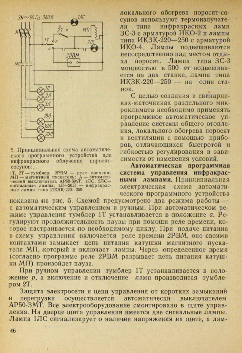 З^^ЬОГц 580В iii ш МП г Ж 1Т -о- 2Т о МП а Г1 2/)С I 0 ' 2РВМ Mg> //7 2/7 J/7 18Л — 20/Ì локального обогрева поросят-со¬ сунов используют термоизлучате¬ ли типа инфракрасных ламп ЗС-3 с арматурой ИКО-2 и лампы типа ИКЗК-220—250 с арматурой ИКО-4. Лампы подвешиваются непосредственно над местом отды¬ ха поросят. Лампа типа ЗС-3 мощностью в 500 вт подвешива¬ ется на два станка, лампа типа ИКЗК-220—250 — на один ста¬ нок. С целью создания в свинарни¬ ках-маточниках раздельного мик¬ роклимата необходимо применять программное автоматическое уп¬ равление системы общего отопле¬ ния, локального обогрева поросят и вентиляции с помощью прибо¬ ров, отличающихся быстротой и гибкостью регулирования в зави¬ симости от изменения условий. Автоматическая программная система управления инфракрас¬ ными лампами. Принципиальная электрическая схема автомати¬ ческого программного устройства показана «а рис. 5. Схемой предусмотрено два режима работы — с автоматическим управлением и ручным. При автоматическом ре¬ жиме управления тумблер IT устанавливается ¡в положение а. Ре¬ гулируют продолжительность паузы при ломощи реле времени, ко¬ торое настраивается по необходимому циклу. При подаче питания в схему управления включается реле времени 2РВМ, оно своими контактами замыкает цепь питания катушки магнитного пуска¬ теля МП, который и включает лампы. Через определенное .время (согласно программе реле 2РВМ разрывает цепь питания катуш¬ ки МП) произойдет пауза. При ручном управлении тумблер IT устанавливается в поло¬ жение р, а включение и отключение ламп производится тумбле¬ ром 2Т. Защита электросети и цепи управления от коротких замыканий и перегрузки осуществляется автоматически выключателем АР50-ЗМТ. Все электрооборудование смонтировано в щите управ¬ ления. На дверце щита управления имеется две сигнальные лампы. Лампа 1ЛС сигнализирует о наличии напряжения на щите, а лам- 5. Принципиальная схема автоматиче¬ ского программного устройства для инфракрасного облучения поросят- сосунов:. IT, 2Т —тумблер; 2РВМ — реле времени; МП — магнитный пускатель; А — автомати¬ ческий выключатель AP50-3MT; 1ЛС, 2ЛС— сигнальные лампы; 1Л—20Л — инфракрас¬ ные лампы типа ИКЗК-220—250. 46