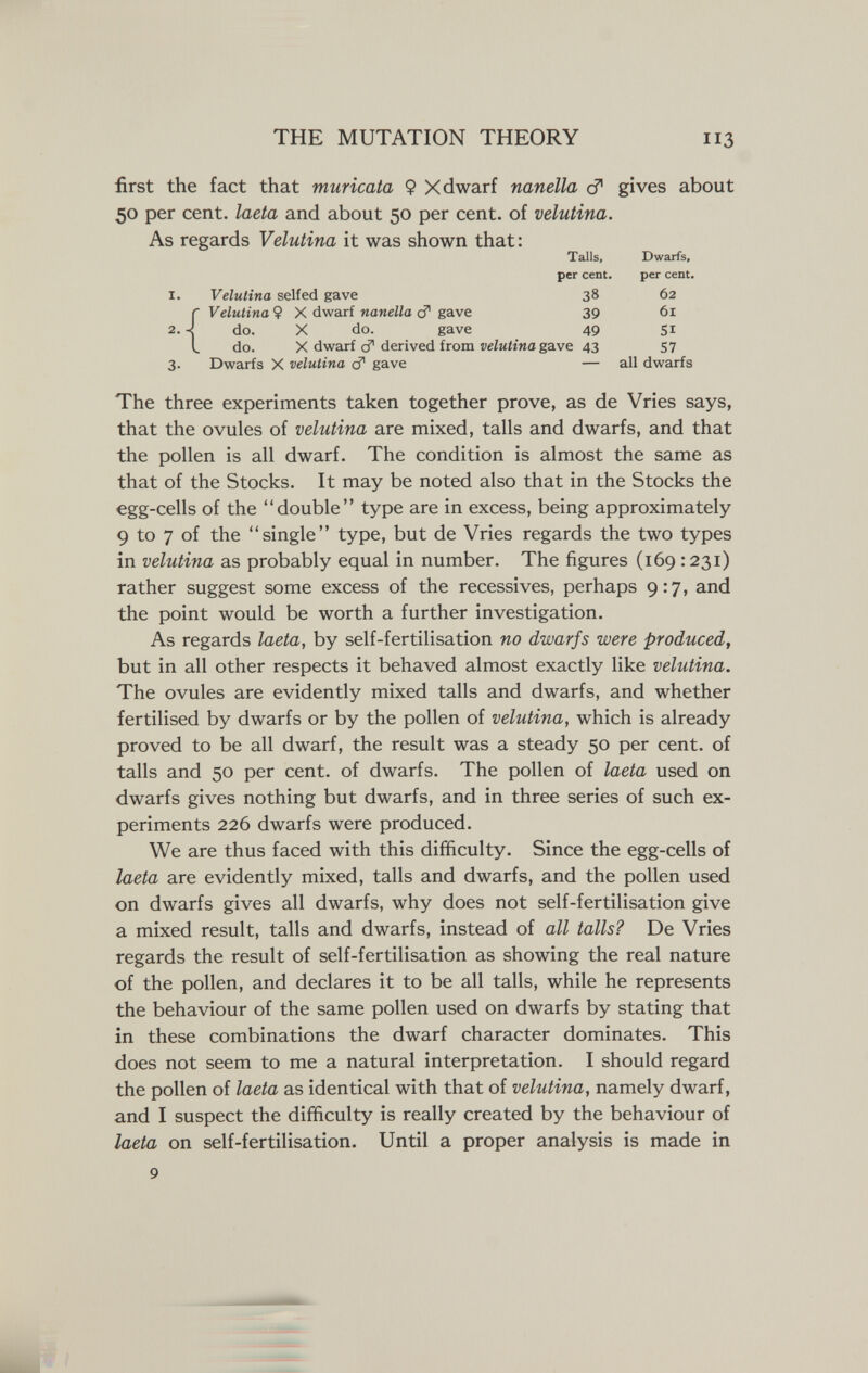 THE MUTATION THEORY 113 first the fact that muricata 9 X dwarf nanella cf gives about 50 per cent, laeta and about 50 per cent, of velutina. As regards Velutina it was shown that : Talis, Dwarfs, per cent. per cent. 1. Velutina self ed gave 38 62 r Velutina 9 X dwarf nanella c? gave 39 61 2. -i do. X do. gave 49 51 L do. X dwarf cT derived from ие/м/ша gave 43 57 3. Dwarfs X velutina сГ gave — all dwarfs The three experiments taken together prove, as de Vries says, that the ovules of velutina are mixed, talis and dwarfs, and that the pollen is all dwarf. The condition is almost the same as that of the Stocks. It may be noted also that in the Stocks the egg-cells of the double type are in excess, being approximately 9 to 7 of the single type, but de Vries regards the two types in velutina as probably equal in number. The figures (169 :2^i) rather suggest some excess of the récessives, perhaps 9:7, and the point would be worth a further investigation. As regards laeta, by self-fertilisation no dwarfs were produced, but in all other respects it behaved almost exactly like velutina. The ovules are evidently mixed talis and dwarfs, and whether fertilised by dwarfs or by the pollen of velutina, which is already proved to be all dwarf, the result was a steady 50 per cent, of talis and 50 per cent, of dwarfs. The pollen of laeta used on dwarfs gives nothing but dwarfs, and in three series of such ex¬ periments 226 dwarfs were produced. We are thus faced with this difiiculty. Since the egg-cells of laeta are evidently mixed, talis and dwarfs, and the pollen used on dwarfs gives all dwarfs, why does not self-fertilisation give a mixed result, tails and dwarfs, instead of all talis? De Vries regards the result of self-fertilisation as showing the real nature of the pollen, and declares it to be all talis, while he represents the behaviour of the same pollen used on dwarfs by stating that in these combinations the dwarf character dominates. This does not seem to me a natural interpretation. I should regard the pollen of laeta as identical with that of velutina, namely dwarf, and I suspect the difficulty is really created by the behaviour of laeta on self-fertilisation. Until a proper analysis is made in 9